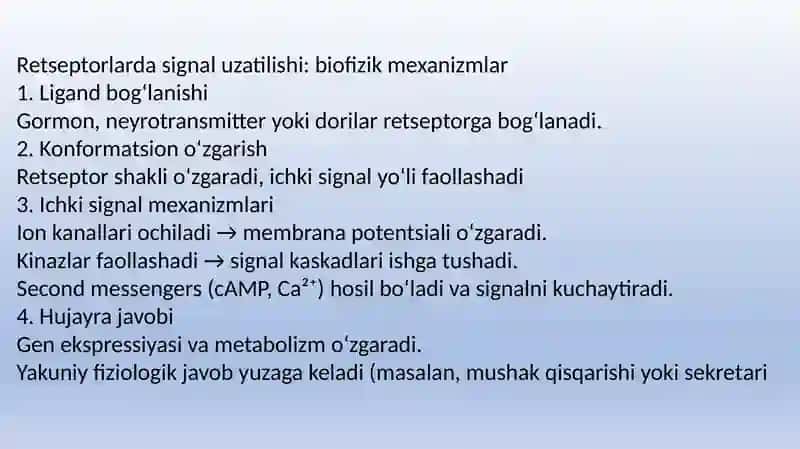 Retseptorlarda informatsiyalarni oʻzgartirilishining biofizikaviy mexanizmlari.Taʼm va hid bilish nazariyasining biofizikaviy asoslari 3