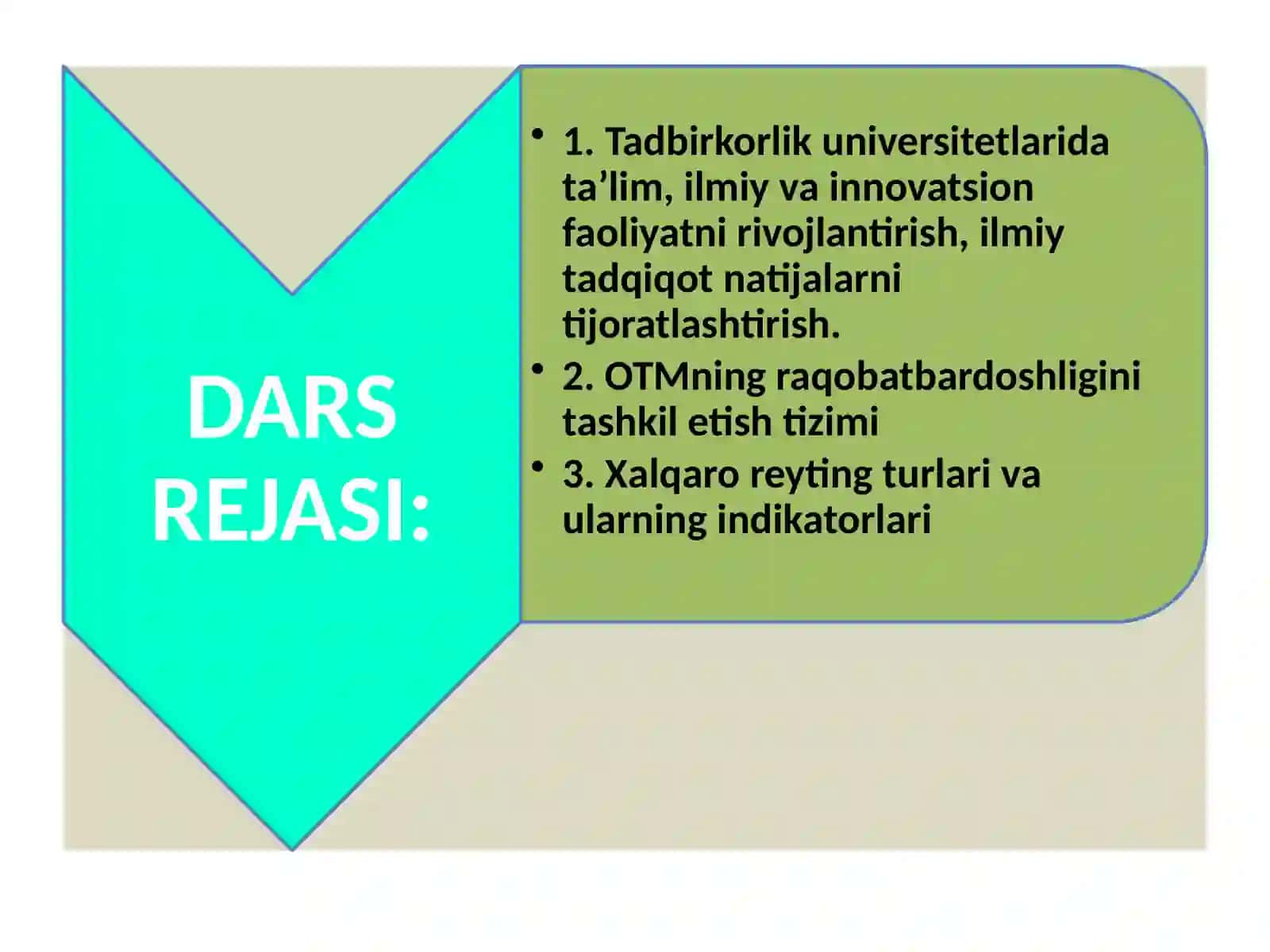 Oliy ta’limning zamonaviy integratsiyasi: global va mintaqaviy makonda raqobatchilikdagi ustuvorliklari, universitetlarning xalqaro va milliyreytingi(nazariy) 3
