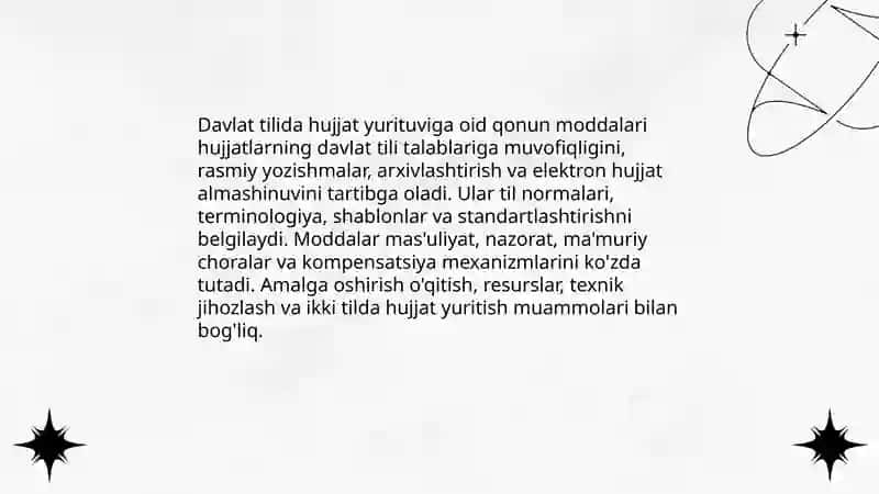 Davlat tilidagi qonunda hujjat yurituviga oid moddalar va tahlili va ahamiyati va muammolari 3