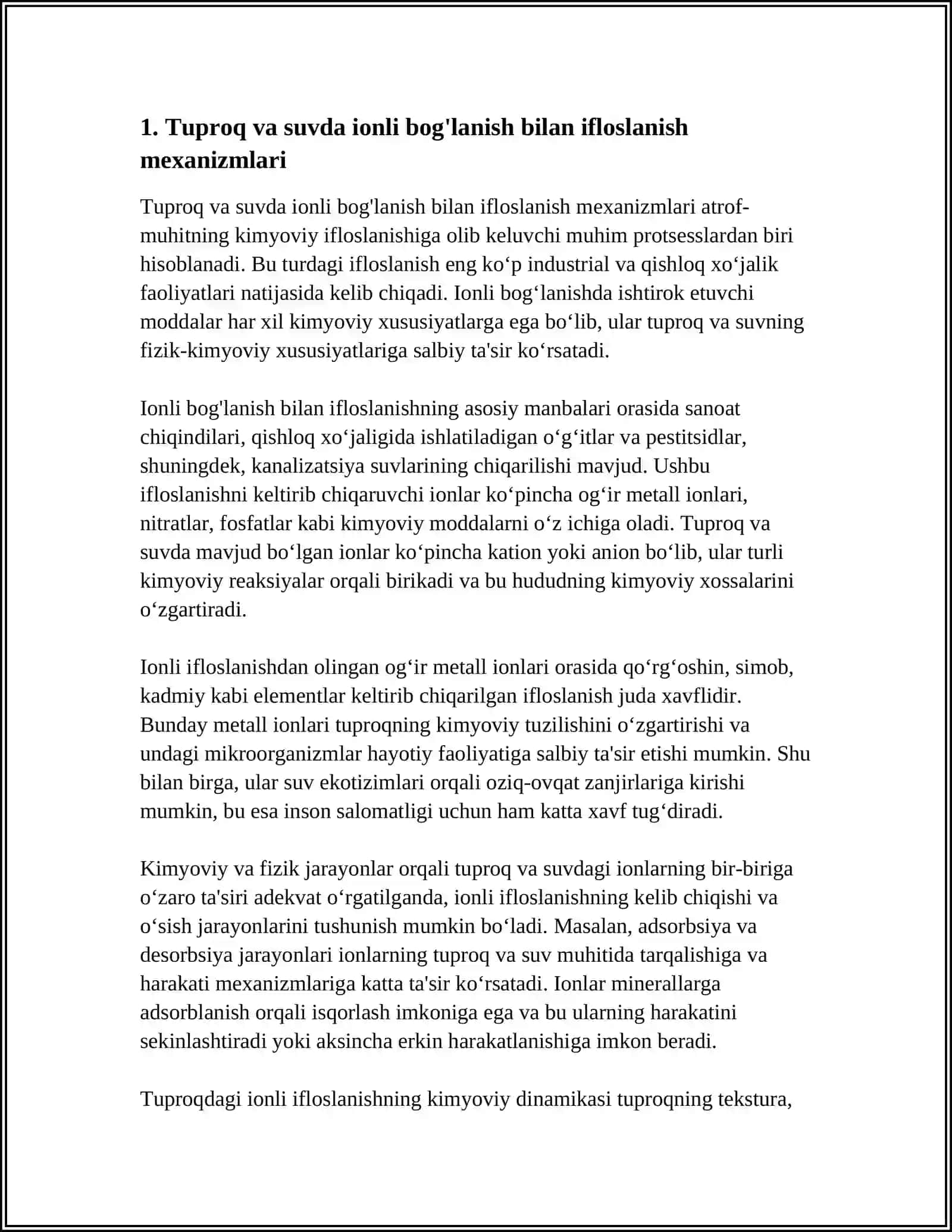 TUPROQ VA SUVDA IONLI BOG'LANISHLI IFLOSLANUVCHI MODDALARNI ANIQLASH ULARNI KIMYOVIY EKOLOGIK XAVFSIZ TOZALASH USULLARI 3