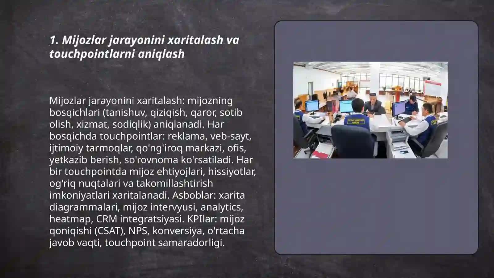 Mijozlarga xizmat koʻrsatish jaroyonini tashkil etish 3