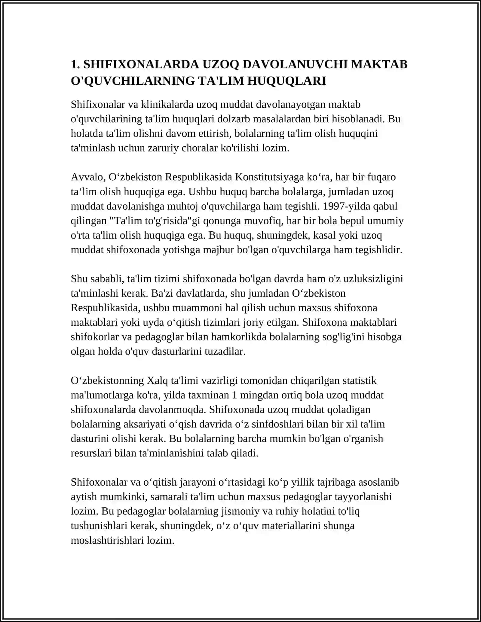 SHIFIXONALARDA UZOQ DAVOLANUVCHI MAKTAB O'QUVCHILARNI TA'LIMI YANGI TA'LIMIY AMALIYOT SIFATIDA 3