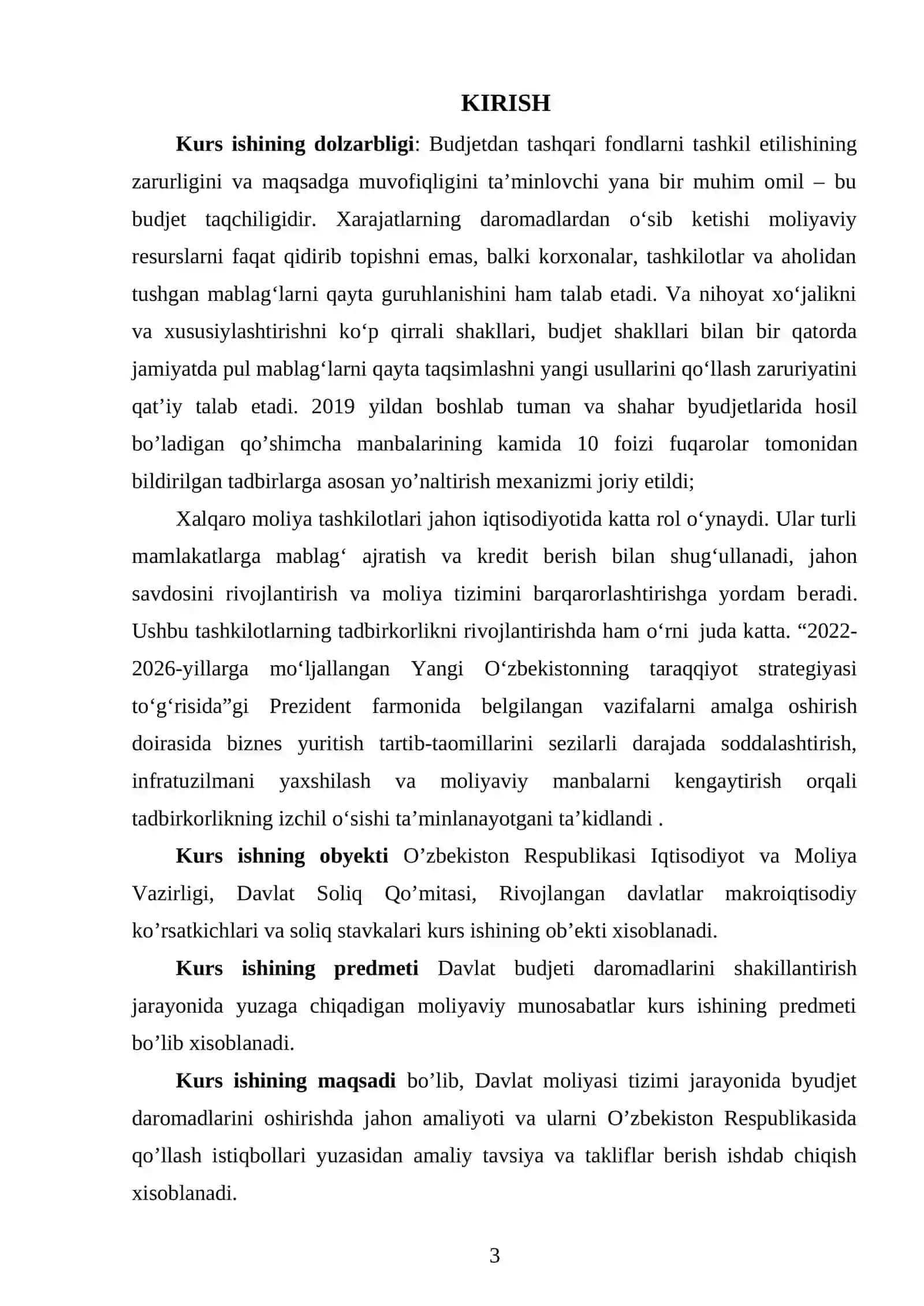 Budjetdan tashqari maqsadli jamg’armalarning faoliyatini takomillashtirishda xorij tajribasi va uni milliy iqtisodiyotda tadbiq etish masalalari mavzusidagi kurs ishi 3