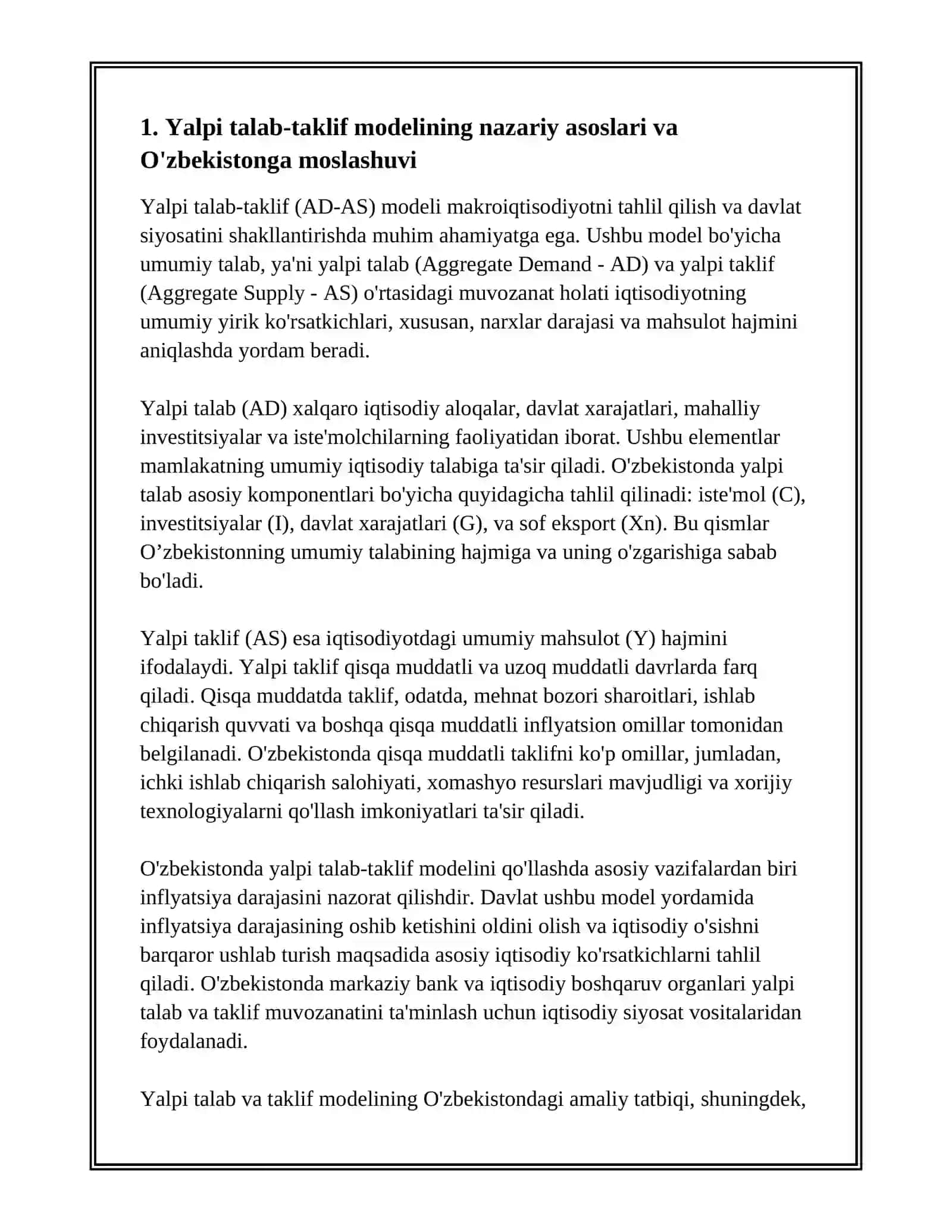 YALPI TALAB TAKLIF MODELI ASOSIDA O’ZBEKISTON IQTISODIYOTINING MUVOZANAT HOLATI TAHLILI 3