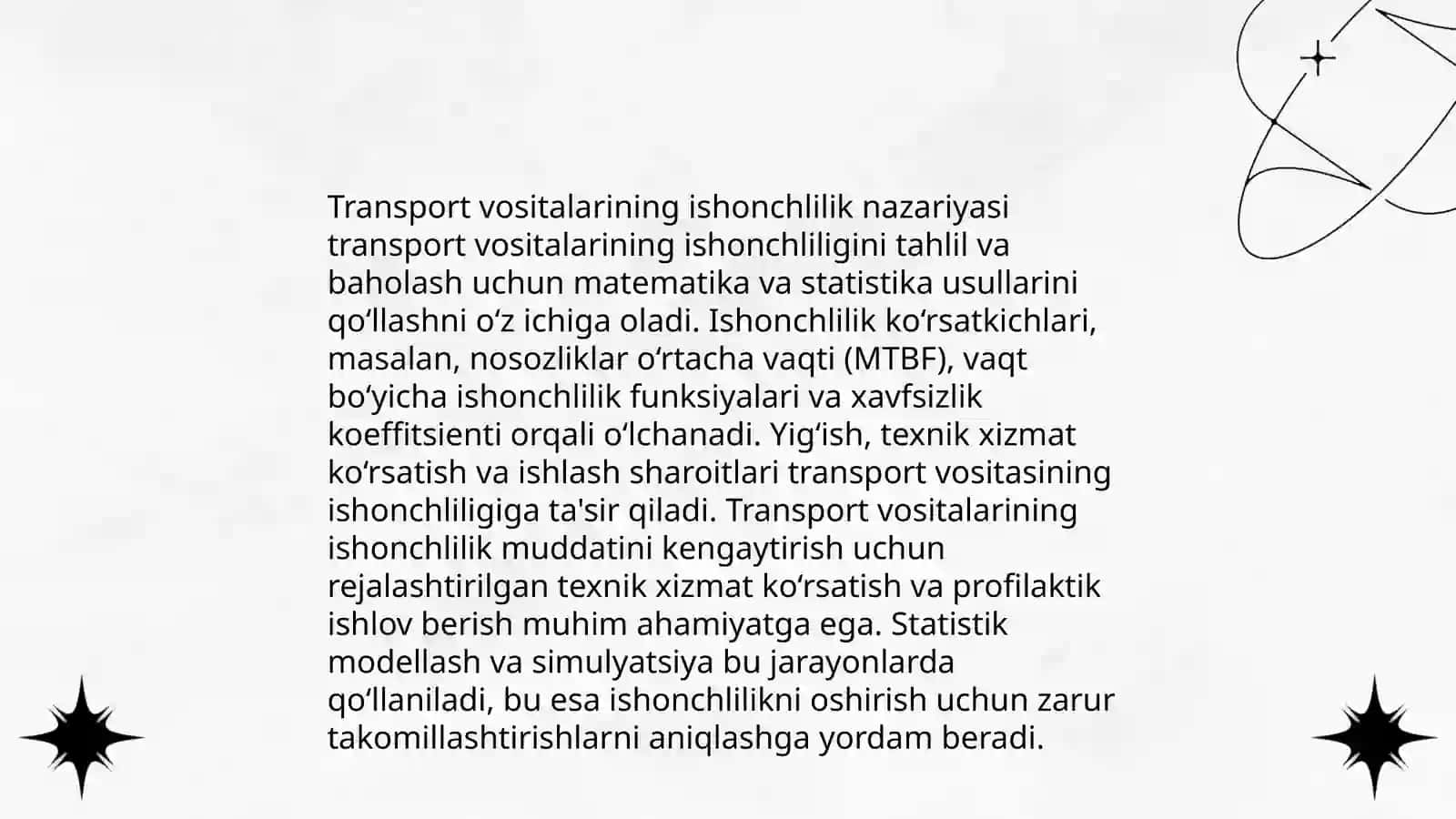 Transport vositasi va uning agregat, uzel, tizim va detallari bo’yicha ishonchlilik xususiyat ko’rsatkichlarini aniqlash, sinash va axborotlarga ishlov berish tadbirlarini ishlab chiqish 3