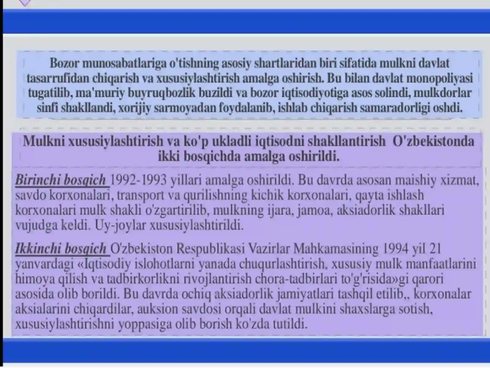 Iqtisodiy islohotlar, xususiy mulkchilikning shakllanishi.O‘zbekistonda bozor munosabatlarining rivojlanishi 3
