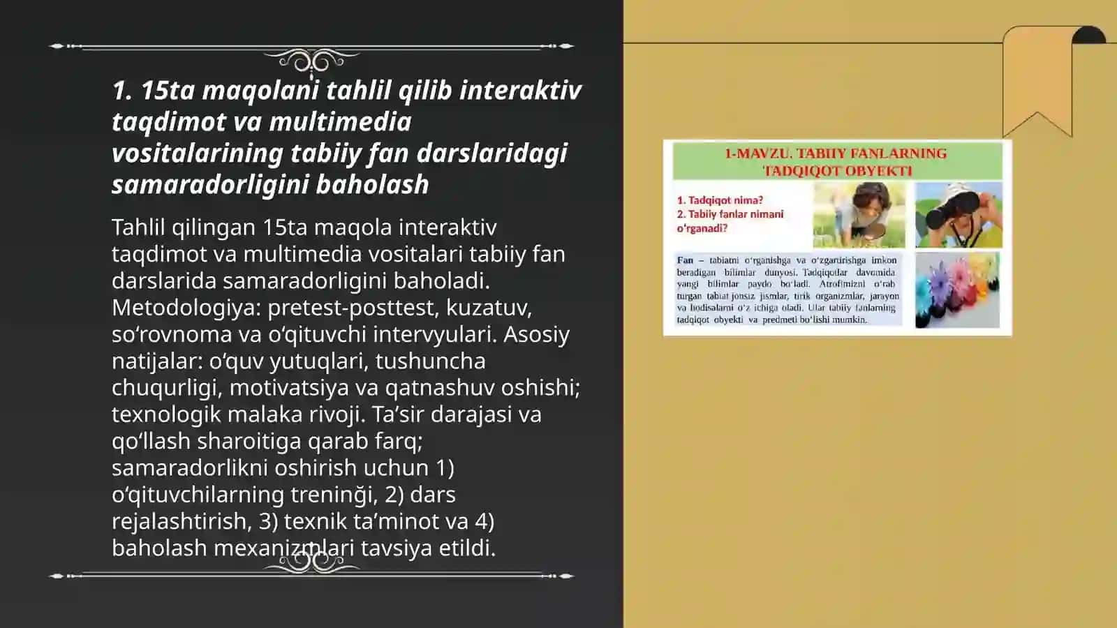 Tabiiy fanlar mavzulariga oid darslarda zamonaviy pedagogik texnologiyalardan foydalanishga qaratilgan 15ta maqolani o'rganish va tahlil qilish 3