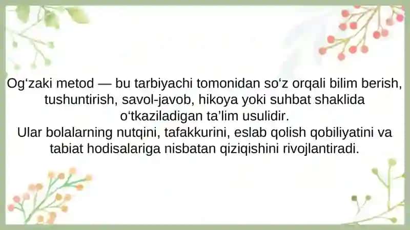 Maktabgacha yoshdagi bolalarni tabiat bilan tanishtirishda og’zaki metoddanfoydalanish 3