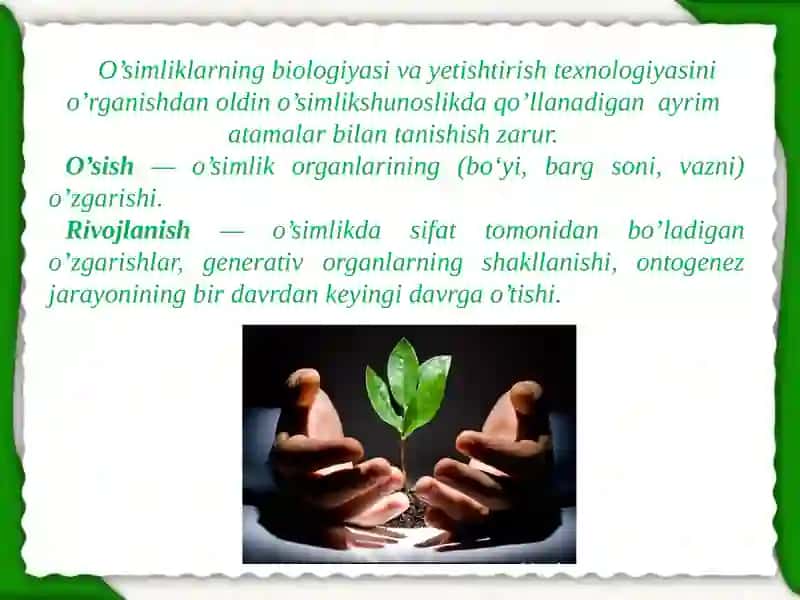 O`simlikning o`sishi, rivojlanishi, xosili va uning sifatiga ta`sir qiladigan omillar 3