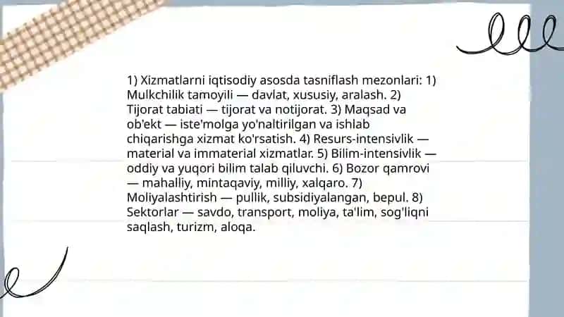 XIZMАT KO‘RSАTISH SОHАSIDА FАОLIYАT TURLАRINING KLАSSIFIKАTSIYАSI 3