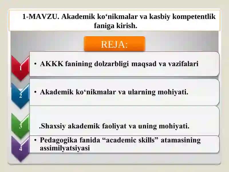 AKADEMIK KO’NIKMALAR VA KASBIY KOMPETENTLIKMaʼruzashi-ToshDAU «Agroiqtisodiyot» kafedrasi,katta o’qituvchisi TurdibayevAlisherIshaliyevich2-semestrda:Maʼruza-24soatAmaliy mashgʻulot-24soatMustaqil taʼlim-72soat 3