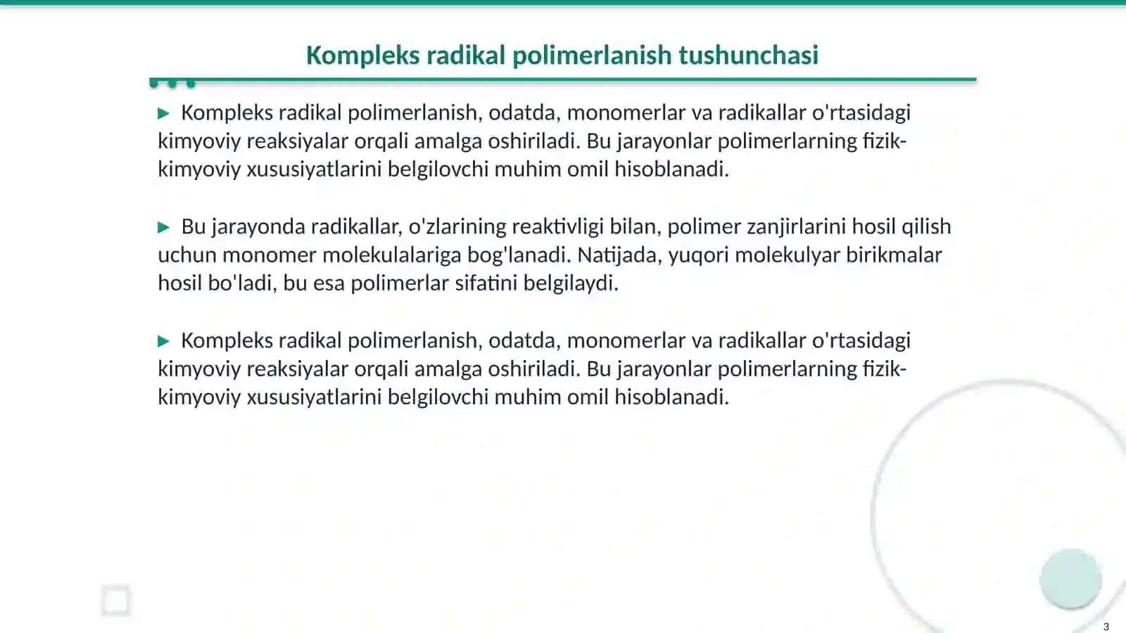 Kompleks radikal polimerlanish reaktsiyalari va kinetikasi 3