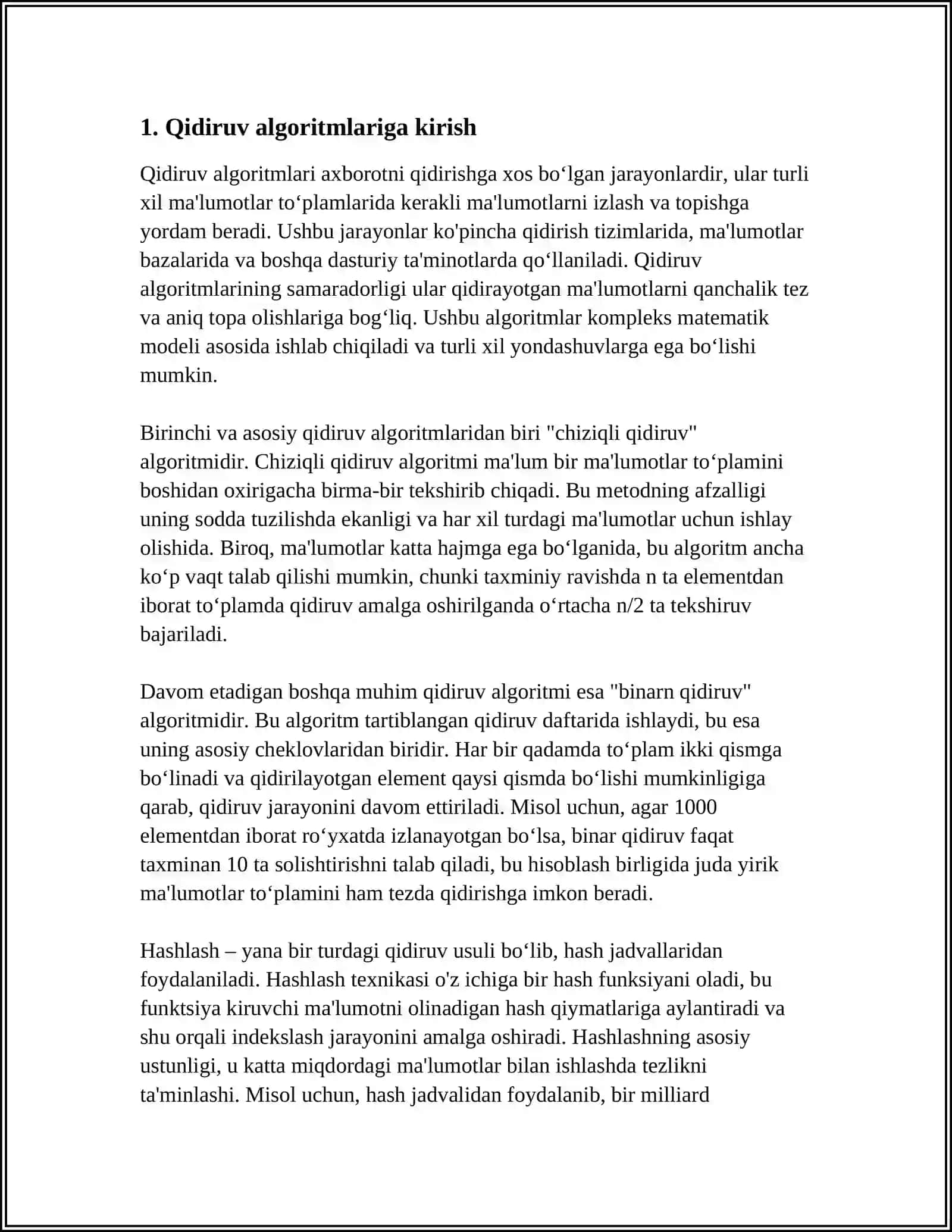 "QIDIRUV ALGORITMLARI ASOSIDA RAQIB QIDIRUVINI ISHLAB CHIQISH" MAVZUDA REJASI HAM BÒLSIN 3