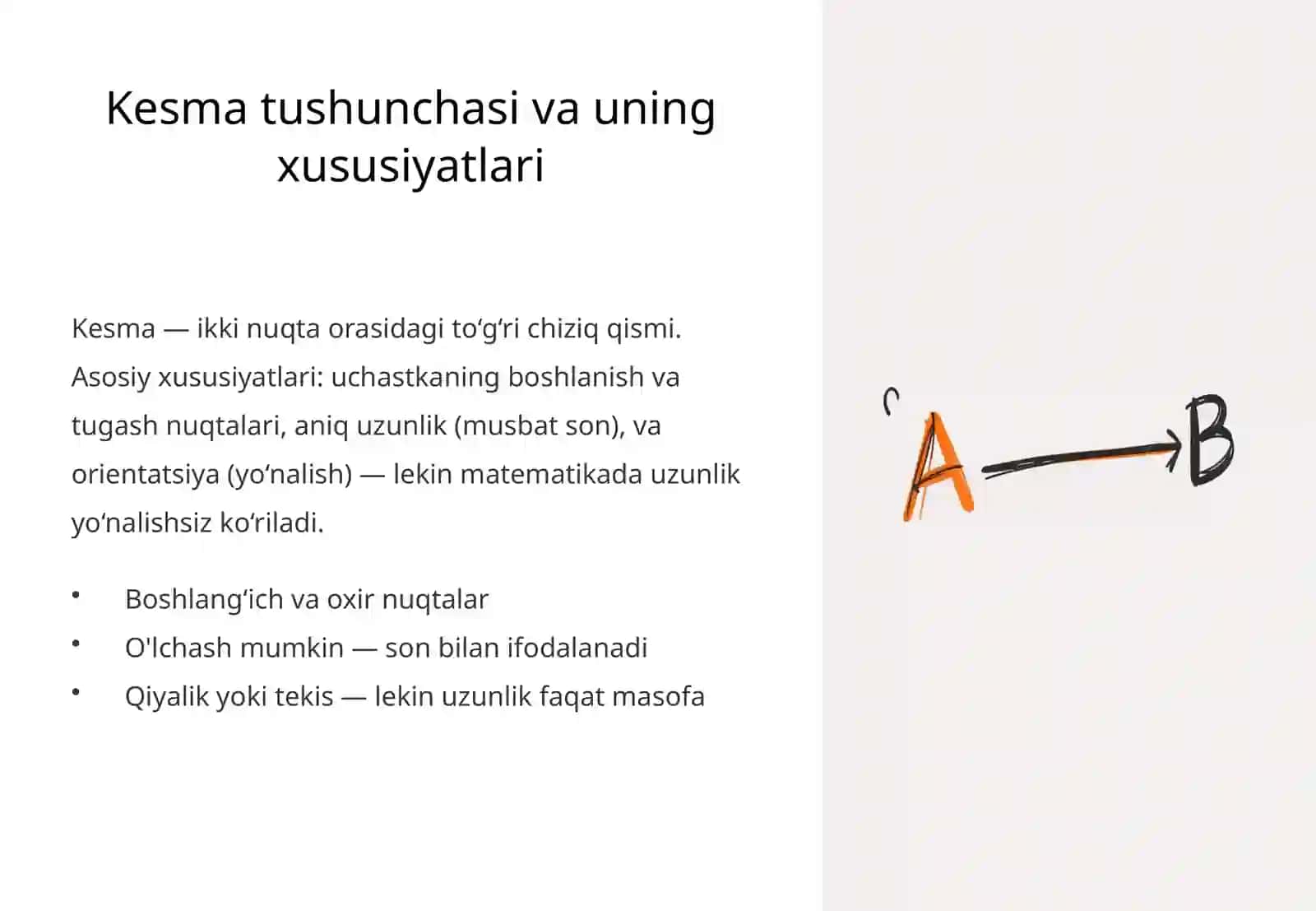 Kesma uzunligini o'lchash kesmani teng bo'laklarga bo'lish.Uzunlikning standart birliklari va ular orasidagi munosabatlar 3