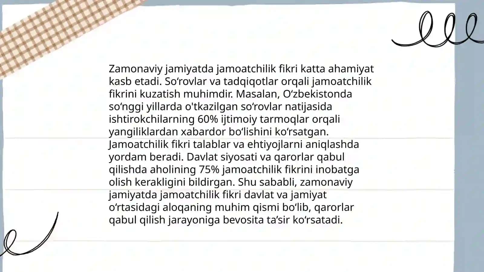 Zamonaviy jamiyatda va ilmiy bilimda jamoatchilik fikrining roli va ahamiyati. Abdumannopova Feruza 3