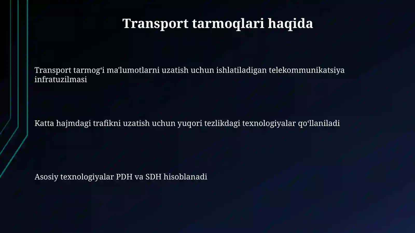 Transport tarmoqlarida qo‘llaniladigan protokollar va texnologiyalar: PDH, SDH texnologiyasida ishlash 3