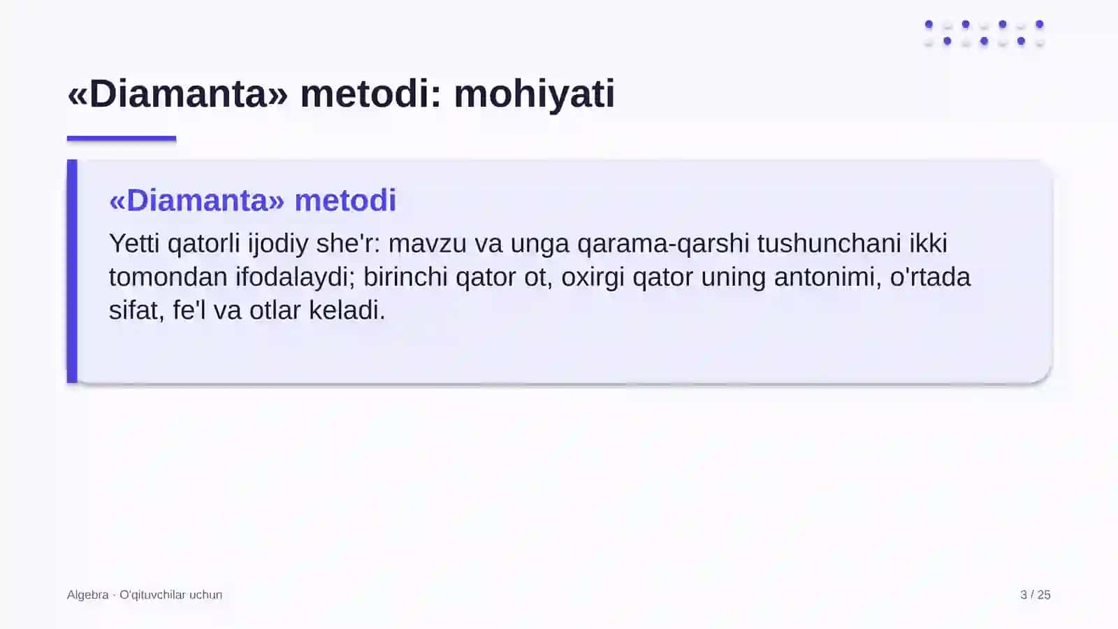 algebra darslarida diamanta metodidan foydalanish 7572 3
