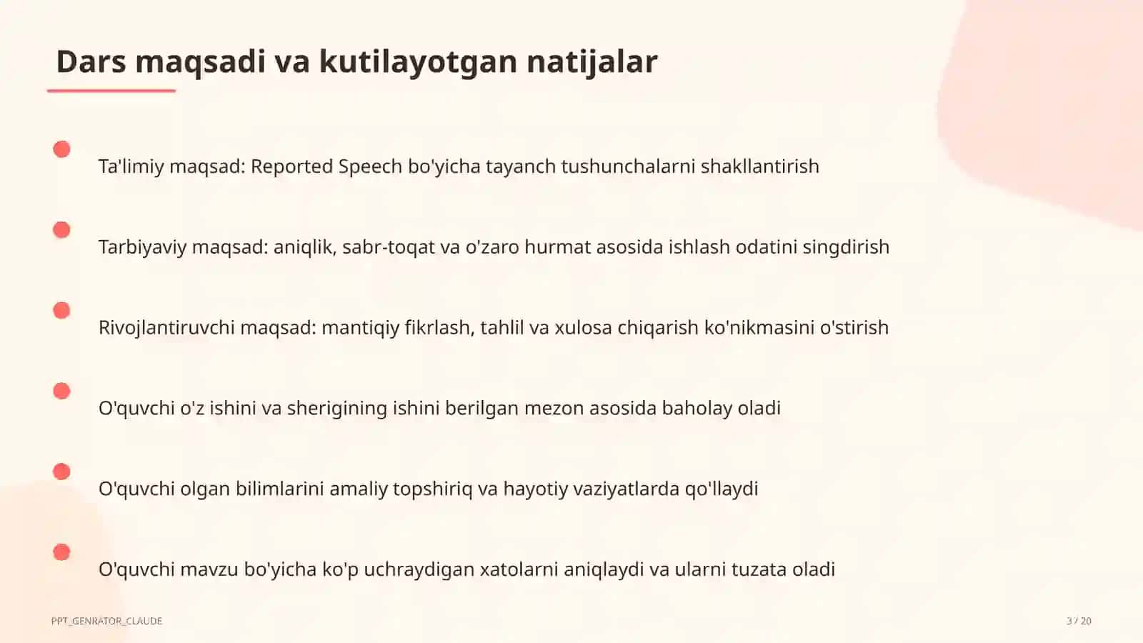 Ta'limiy maqsad: Reported Speech 3