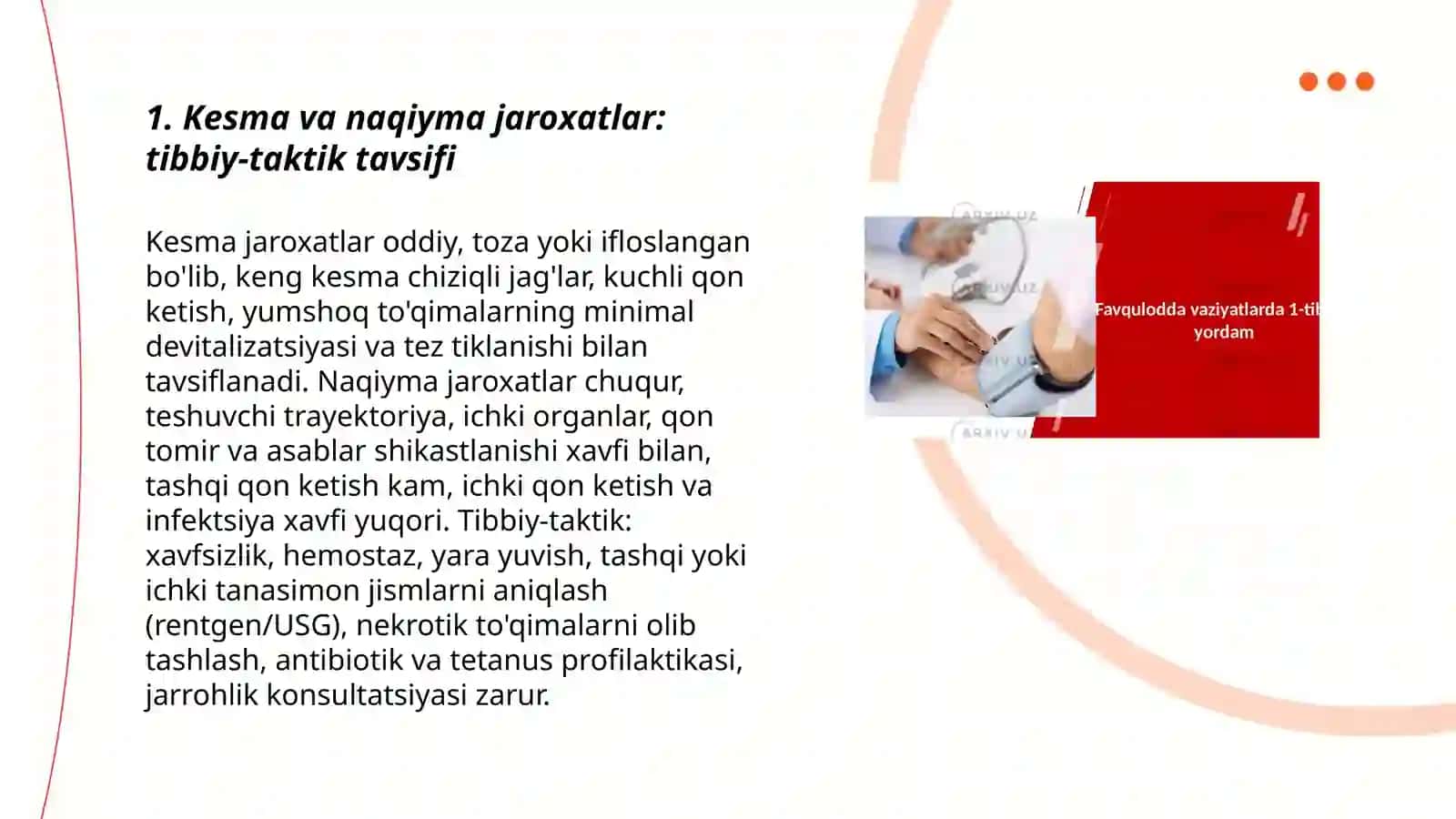 Favqulodda vaziyatlarda vujudga keluvchi jaroxatlanish o’choqlarining tibbiy - taktik tavsifi 3
