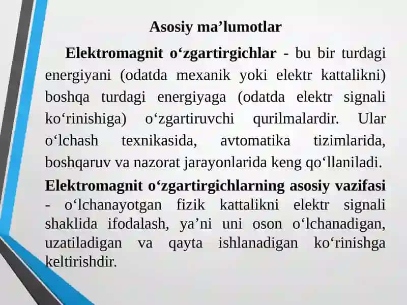 Elektromagnit o‘zgartirgichlarning fizik asoslari va o‘zgartirgichlari 3