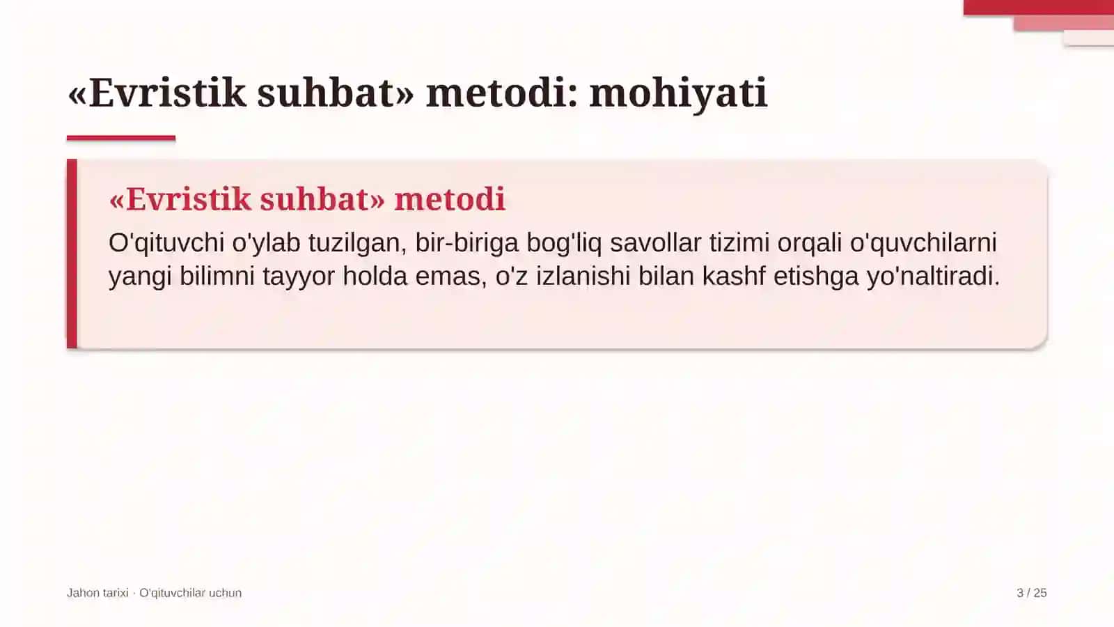 jahon tarixi darslarida evristik suhbat metodidan foydalanish 3025 3