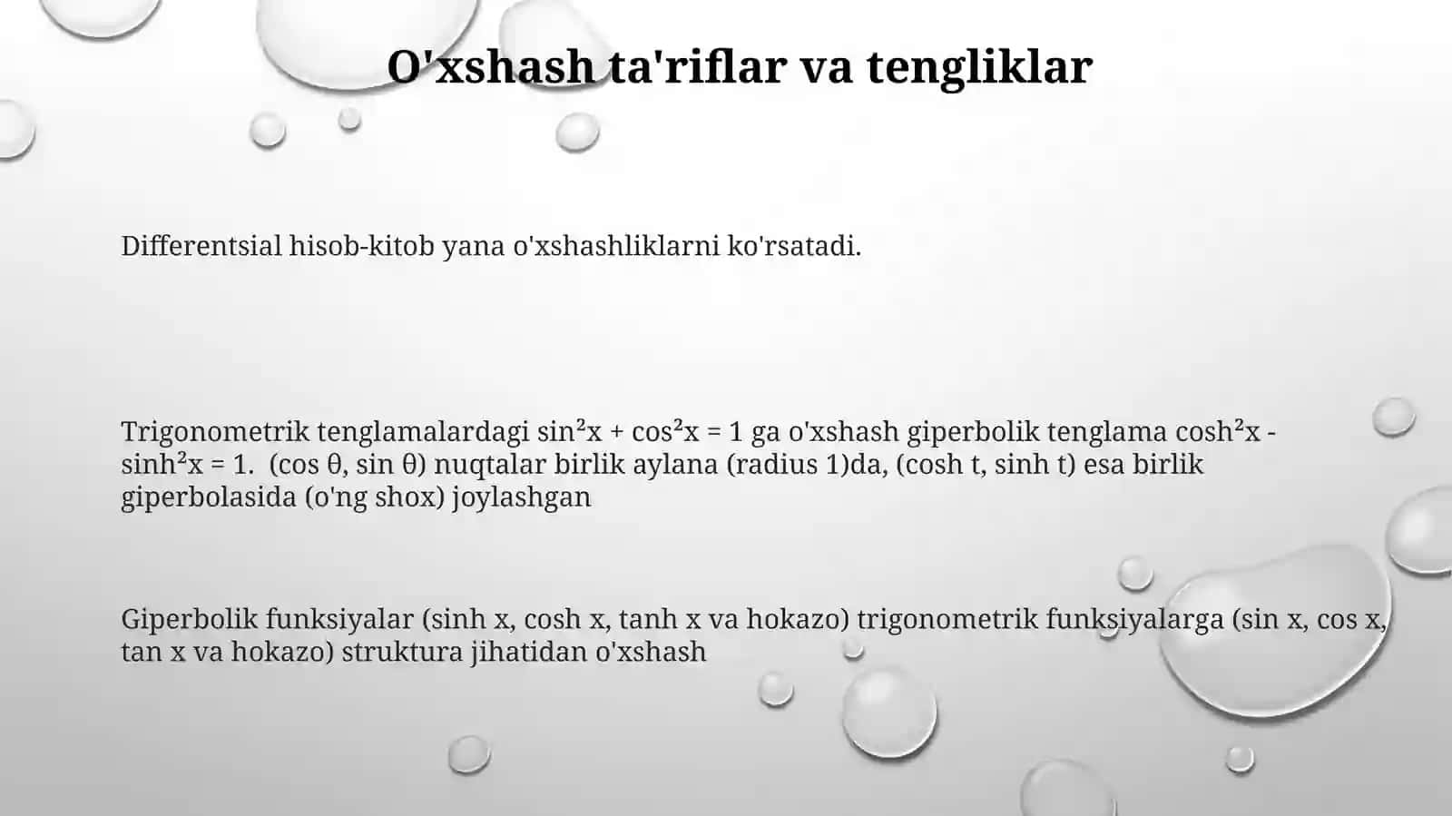 Giperbolik funksiyani va Trigonometrik funksiyalar oʻxshashligi 3