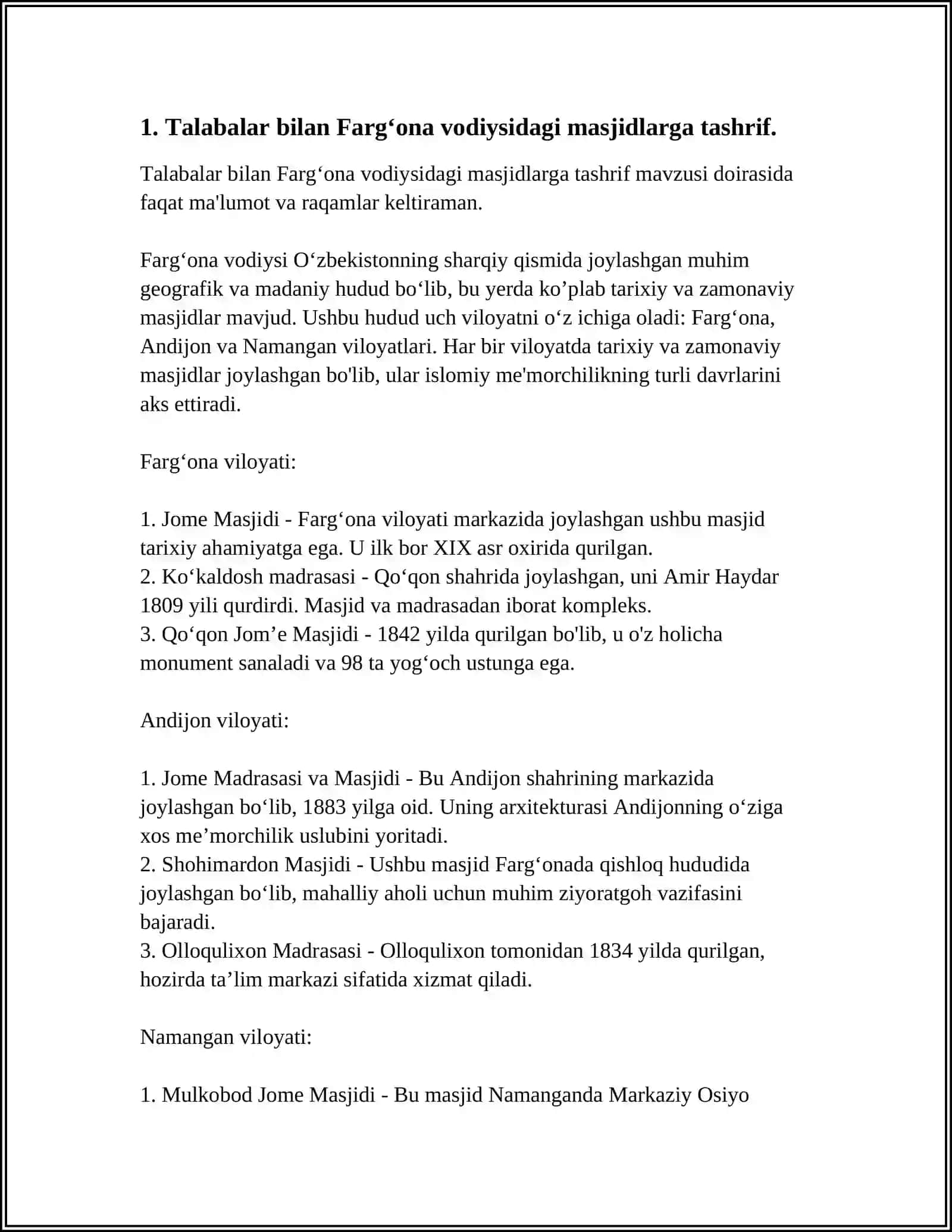 TALABALAR BILAN ÓZBEKISTONDAGI DINIY TASHKILOTLARGA BORISH ( VILOYATLAR DOIRASIDA MASJID, MADRASA, MA'HAD, CHERKOV, SINAGOGA VA BASHQALAR) 3