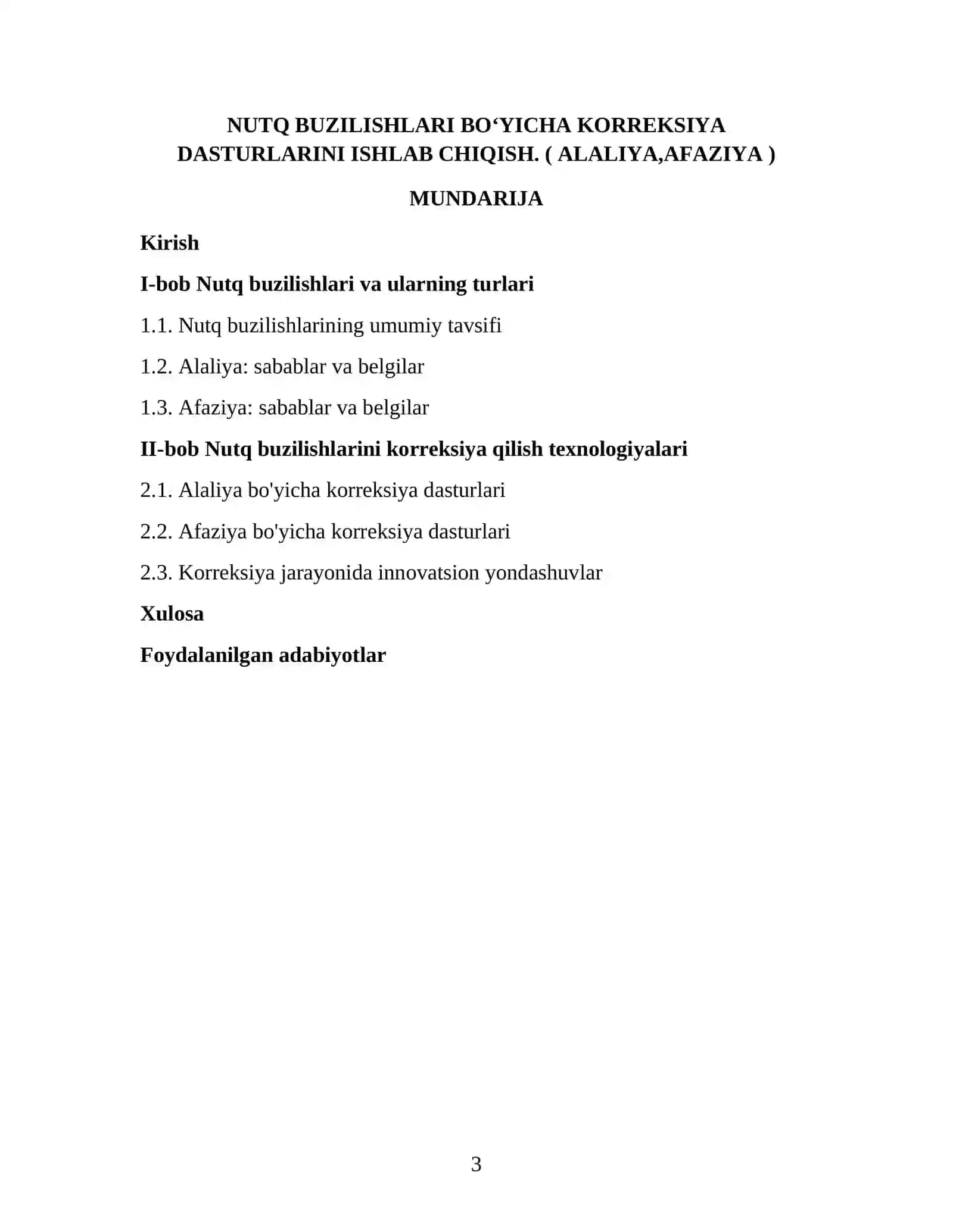 Nutq buzilishlari bo‘yicha korreksiya dasturlarini ishlab chiqish. ( Alaliya,afaziya ) 3
