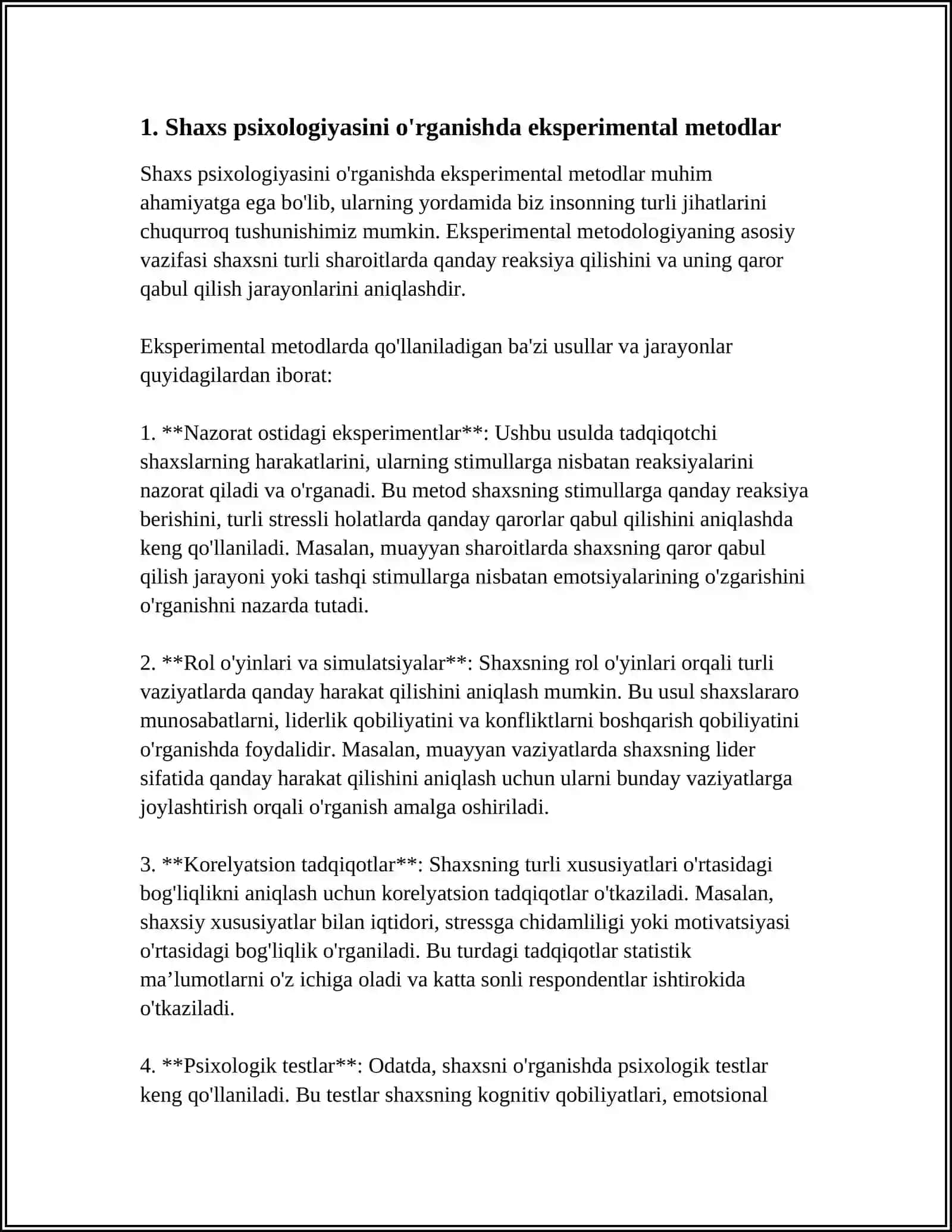 MUSTAQIL ISH Mavzu: SHAXS PSIXOLOGIYASI MUOMALARINI OʻRGANISHDA EKSPREMENTAL ME'TODNI QOʻLLASH XUSUSIYATLARI 3