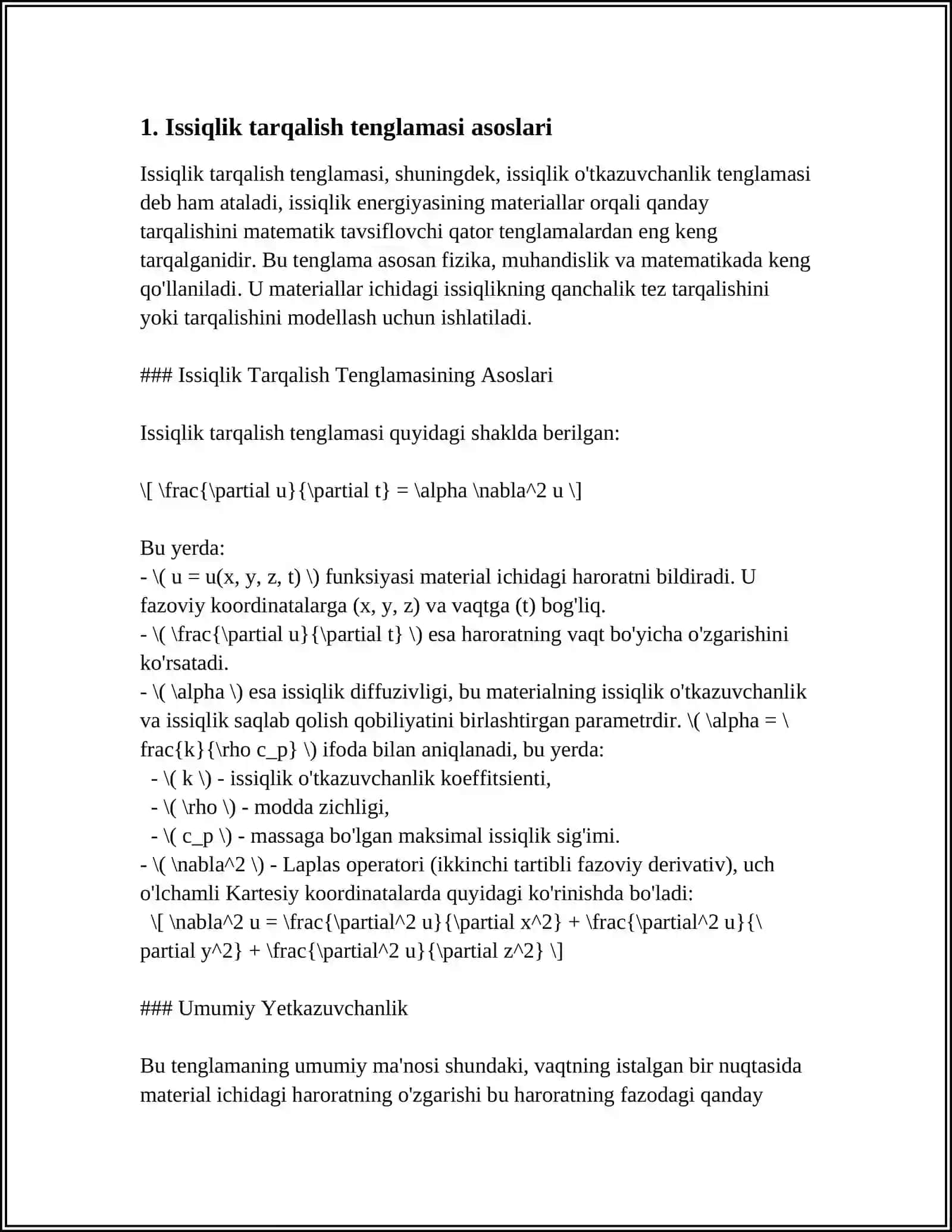 ISSIQLIK TARQALISH TENGLAMASINI METALL STERJENDA, CHEGARALANMAGAN STERJENDA, FAZODA TEKSHIRISH. LAPLASNING IKKINCHI TENGLAMASIGA KELTIRILADIGAN MASALALAR. DIRIXLE MASALASINI YECHISH 3