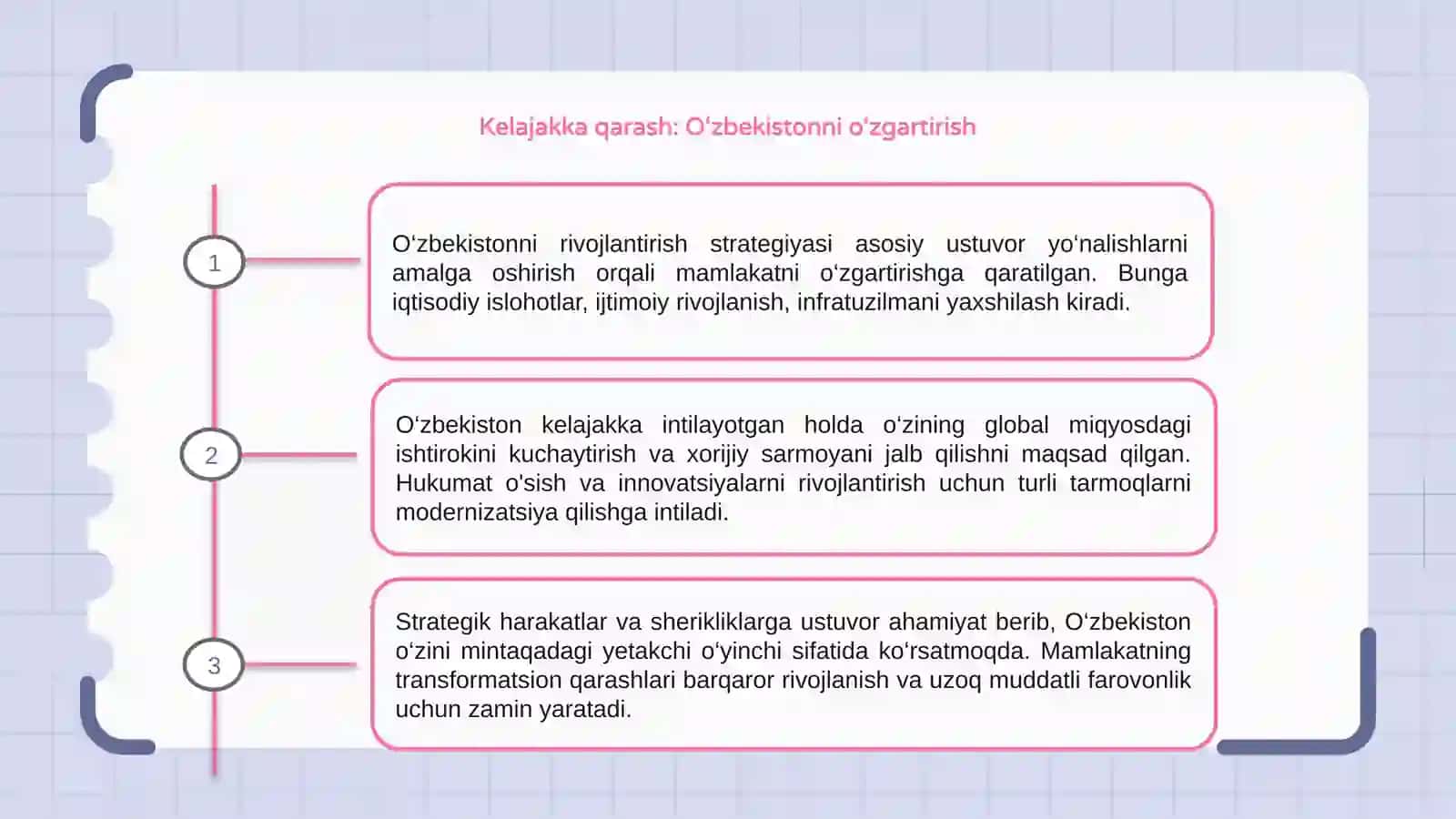 Oʻzbekiston Respublikasini yanada rivojlantirish boʻyicha harakatlar  stetegiyasi va uni ustuvor yoʻnalishi 3
