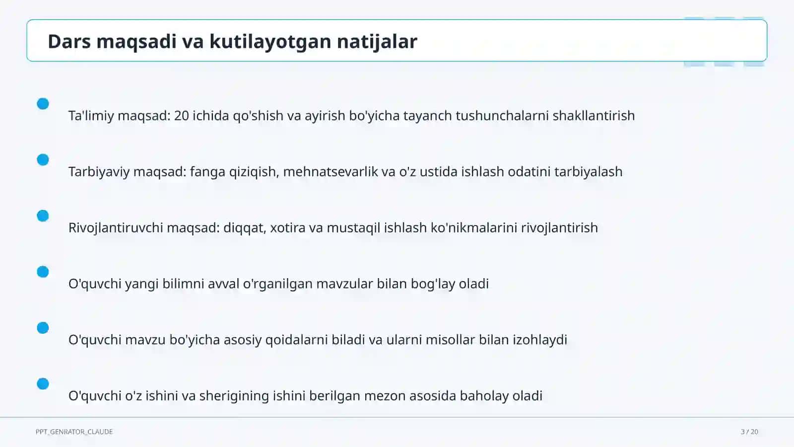 20 ichida qo'shish va ayirish (1-sinf) 3
