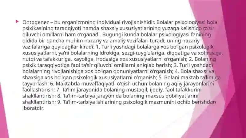 Bolalar psixalogiyasi fanining predmeti, vazifalari 3