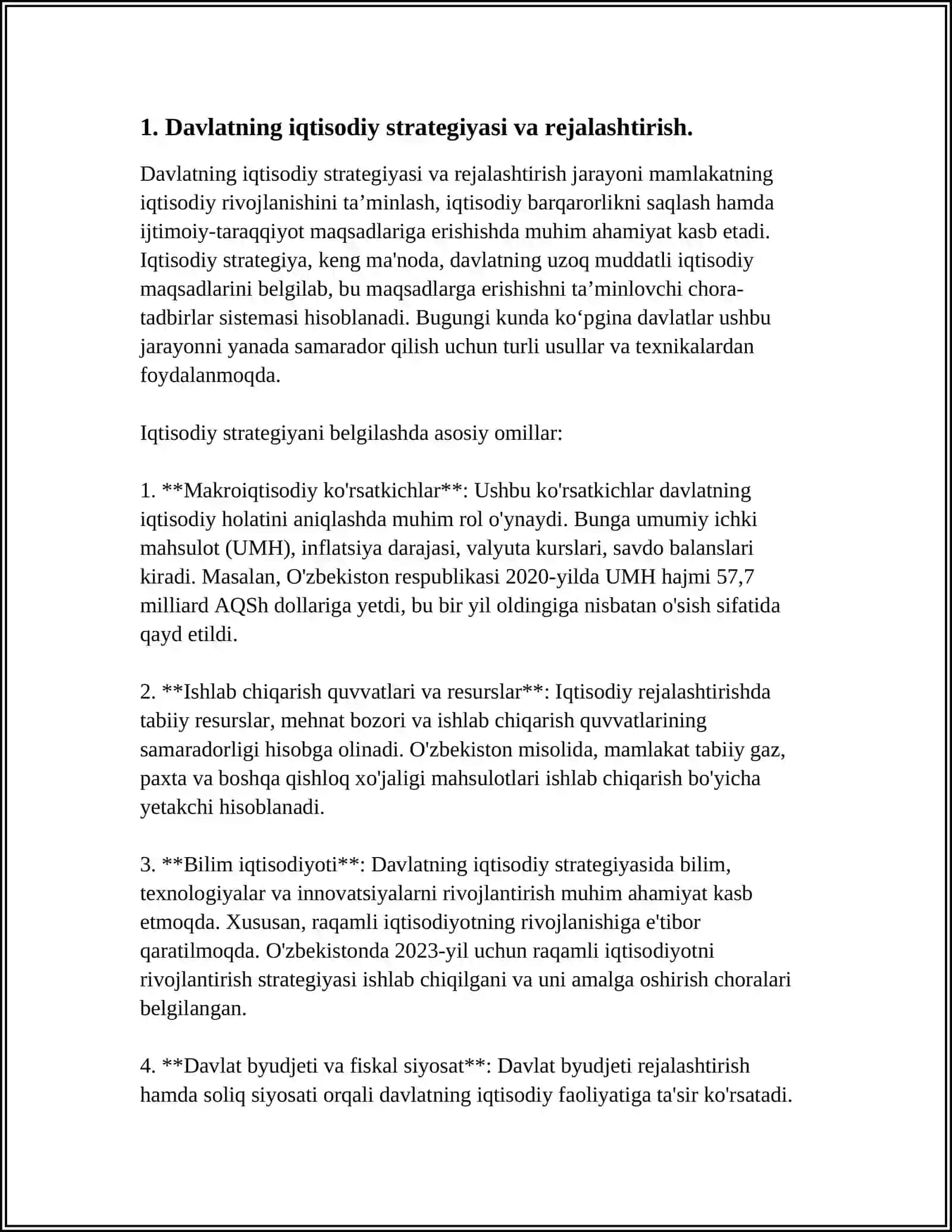 O‘ZBEKISTONDA IQTISODIYOTNI RIVOJLANTIRISHDA DAVLATNING ROLI NIMALARDAN IBORAT 3