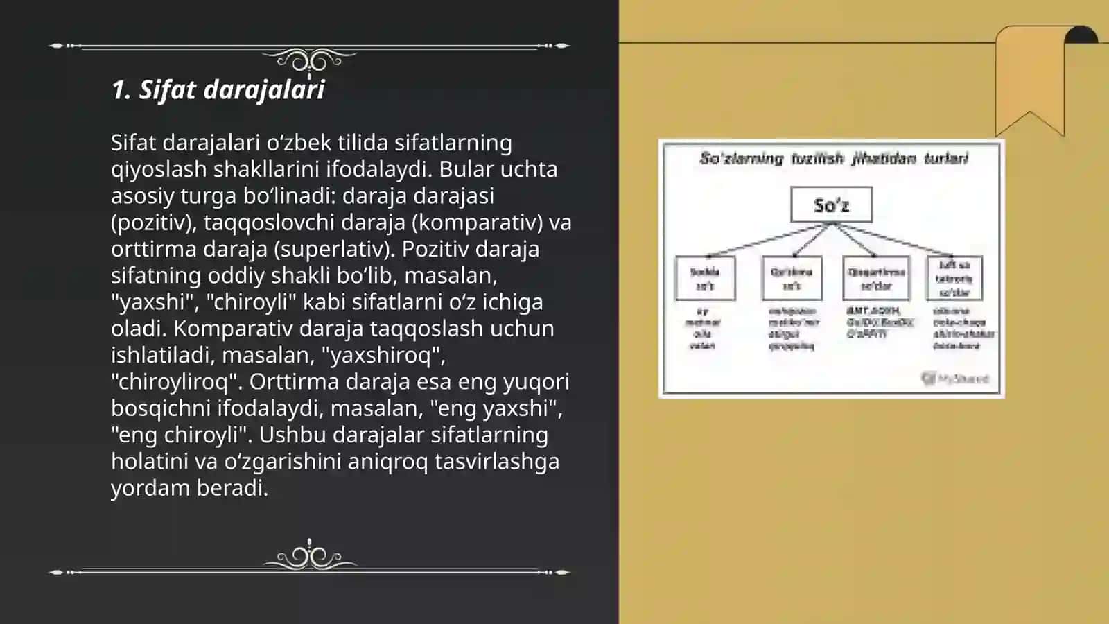 Sifat darajalari: qiyosiy va orttirma darajaning yasalishi va turlanish qo'shimchalari noto'g'ri va yetishmagan darajali sifatlar 3