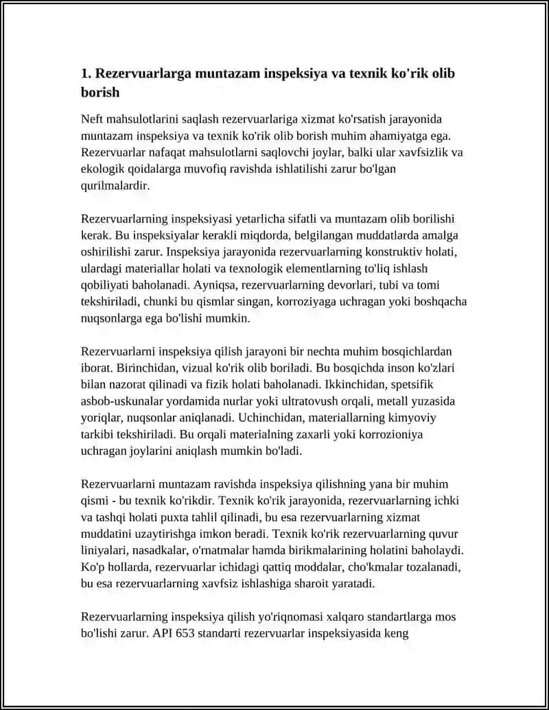 NEFT MAHSULOTLARNI SAQLASH REZERVUARLARIGA XIZMAT KÔRSATISH 3