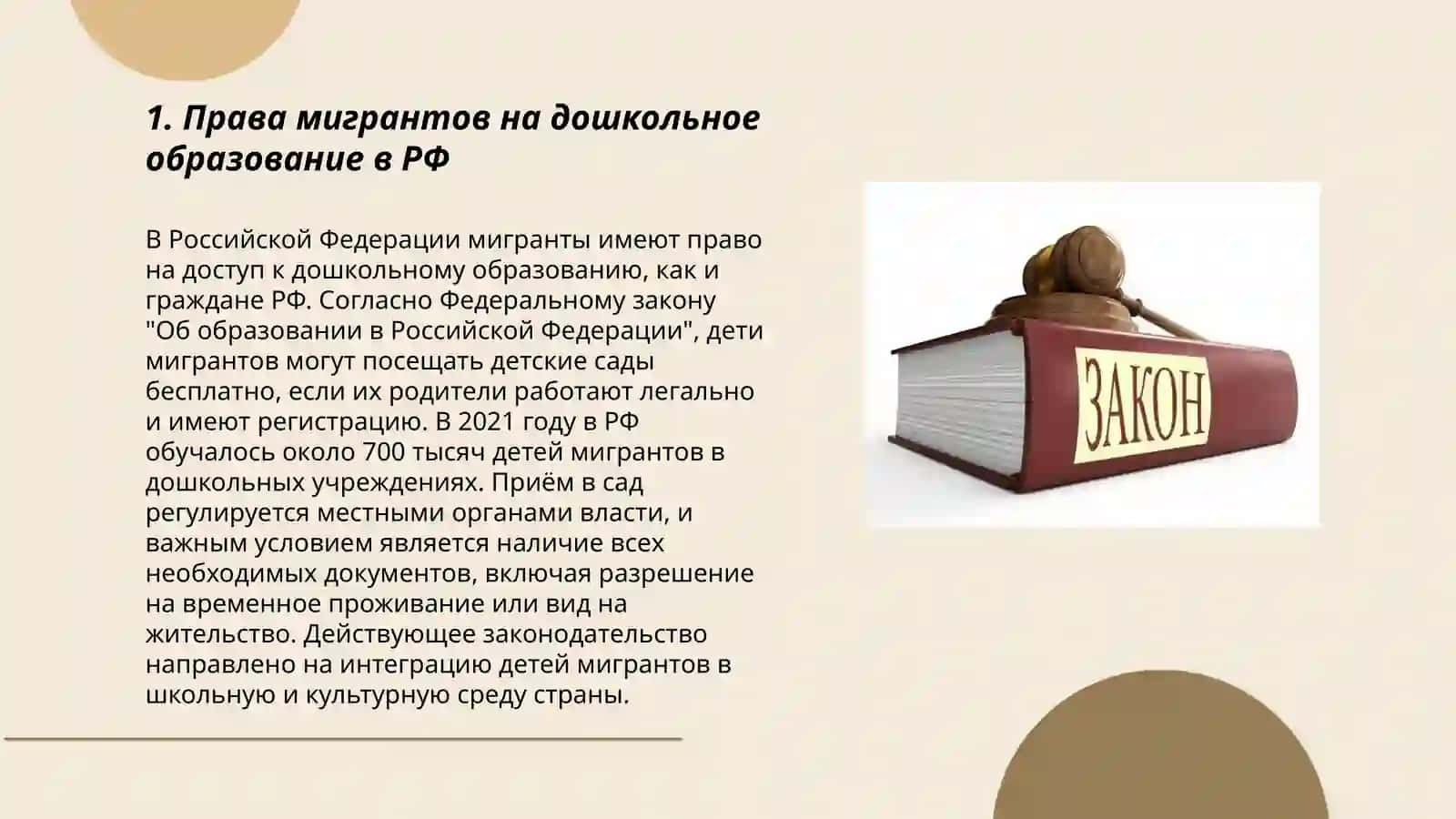 Задание 1.4. Рассмотрите вопросы доступности дошкольного образования для мигрантов и лиц без гражданства согласно действующему законодательству РФ 3