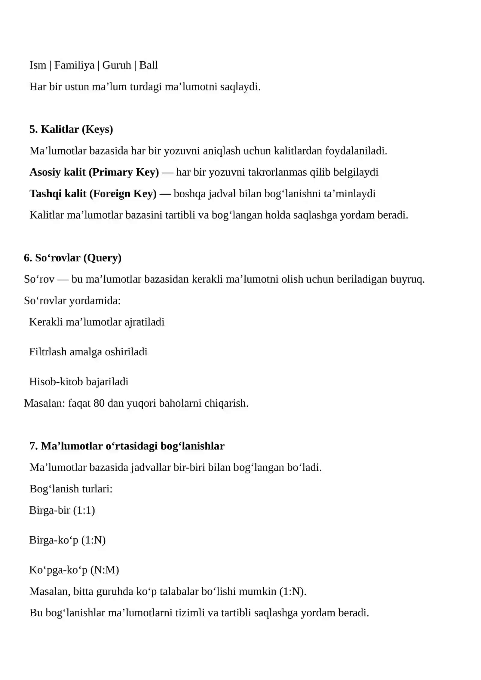 Ma’lumotlar bazasi. Ma’lumotlar bazasini boshqarish tizimlari 3