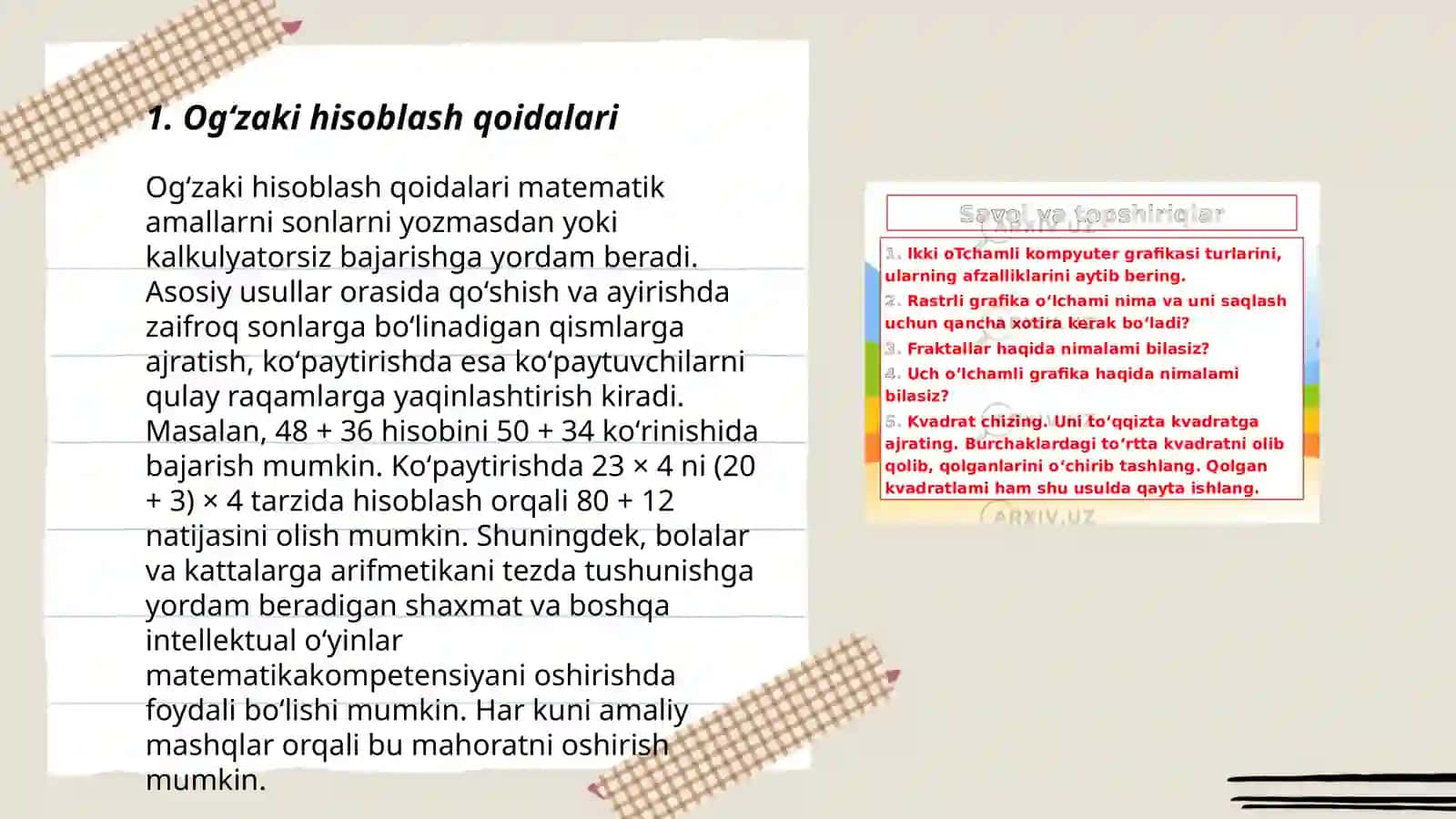 Ogʻzaki va yozma hisoblashga doir didaktik oʻyinlar topshiriqlar toʻplamini tuzish 3