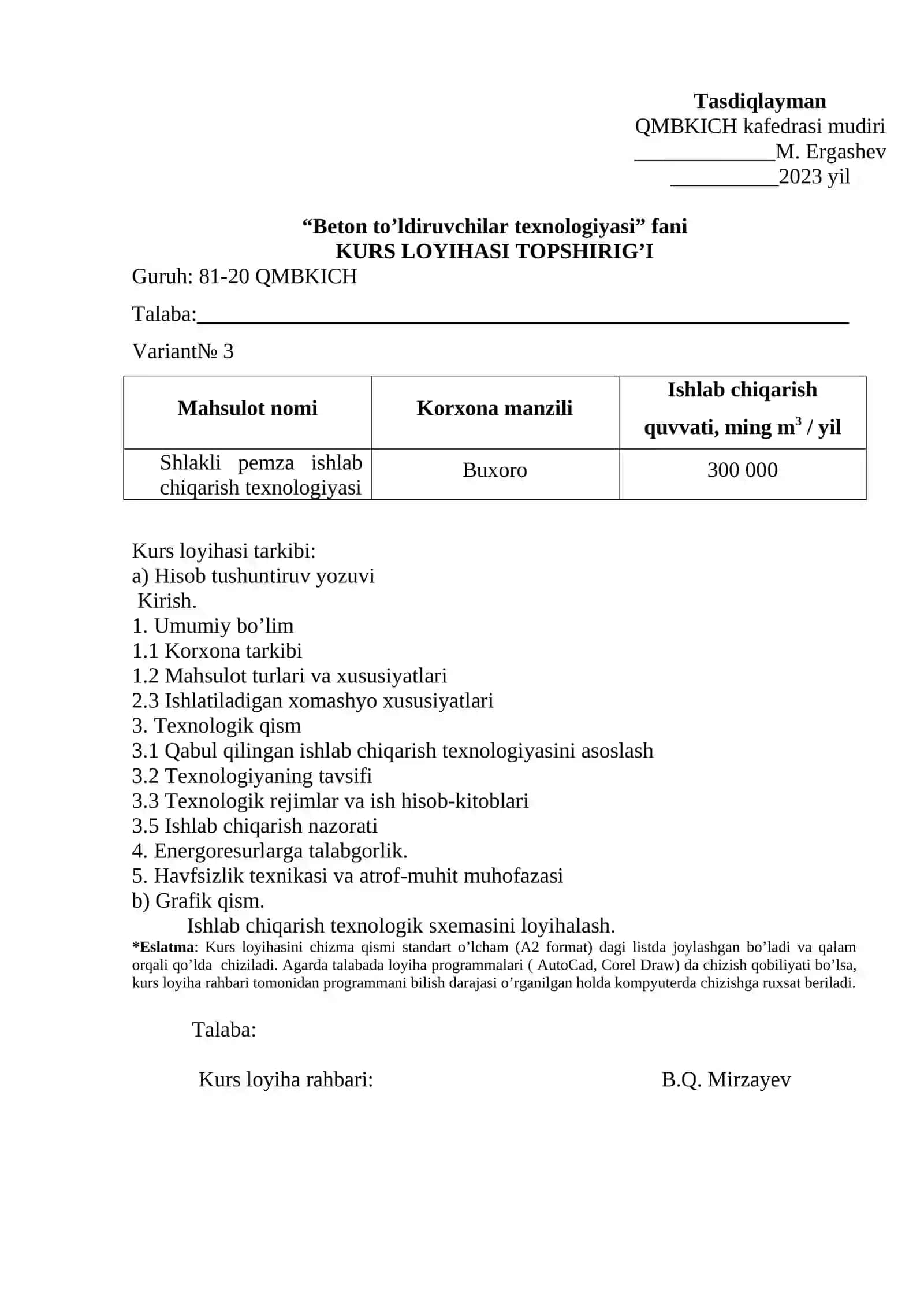 Beton to’ldiruvchilar texnologiyasi fani. KURS LOYIHASI TOPSHIRIG’I 3