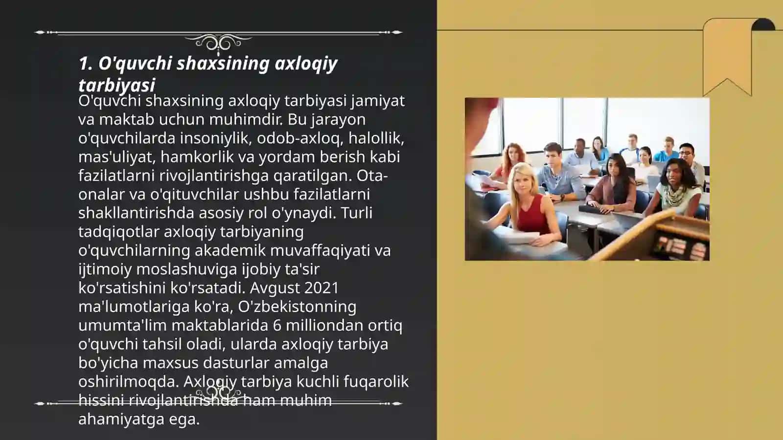 O‘quvchi shaxsini, axloqiy tarbiyalash, rivojlantirishning asosiy tarkibiy qismlari va o‘z-o‘zini boshqarish va ta’lim muassasalarida ma’naviy – ma’rifiy masalarini boshqarish tizimini rivojlantirish 3