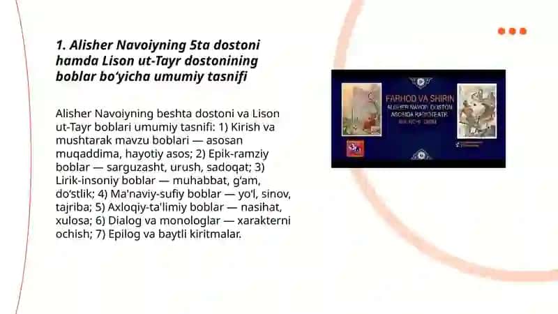 Alesher navoying 5ta dostoni xamda lison Ut tayr dostoni boblar buyicha tasnifi 3