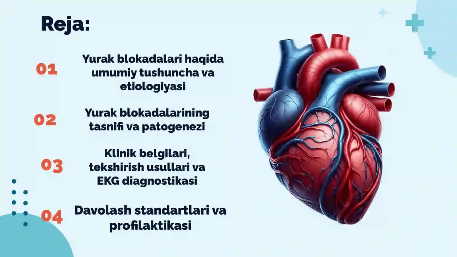 Yurak blokadalari. Etiologiyasi, patogenezi, tasnifi, klinikasi, tekshirish usullarini o‘rganish, EKG tahlili, davolash standartlari va profilaktikasi. 3