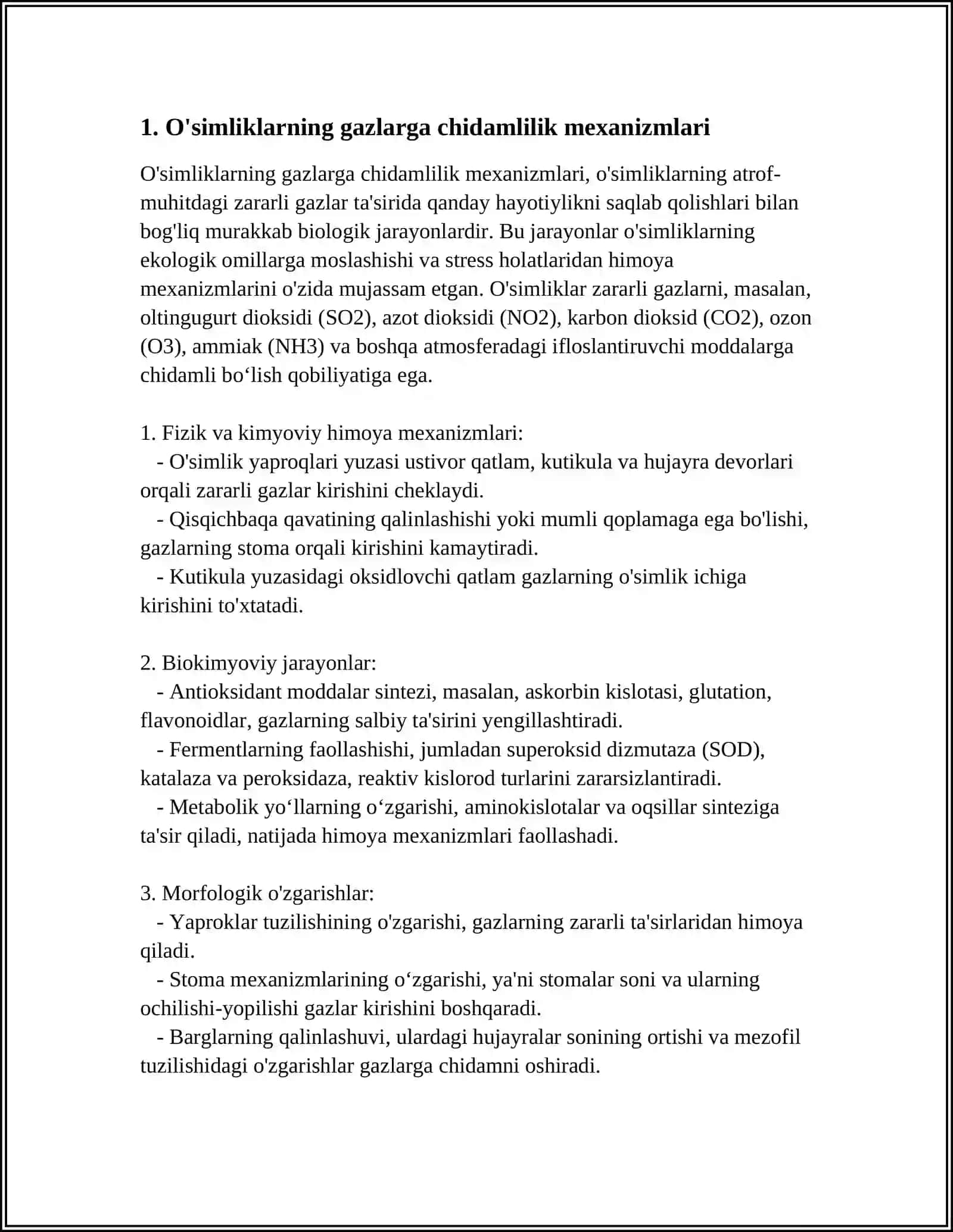 O'SIMLIKLARNING GAZLARGA CHIDAMLILIGI REFERAT 3