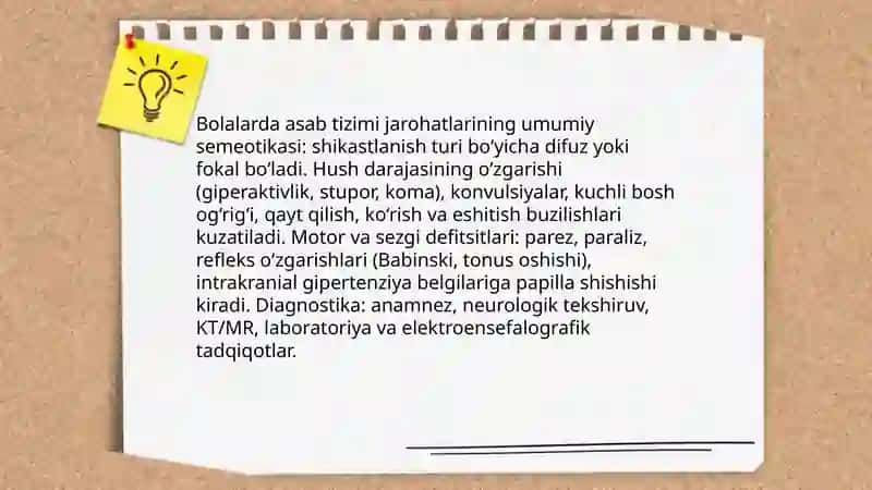 Bolalarda asab tizimini jarohatlanish semiotikasi va sindromlari. Meningial va ensefalitik sindrom. Patologik reflekslar 3