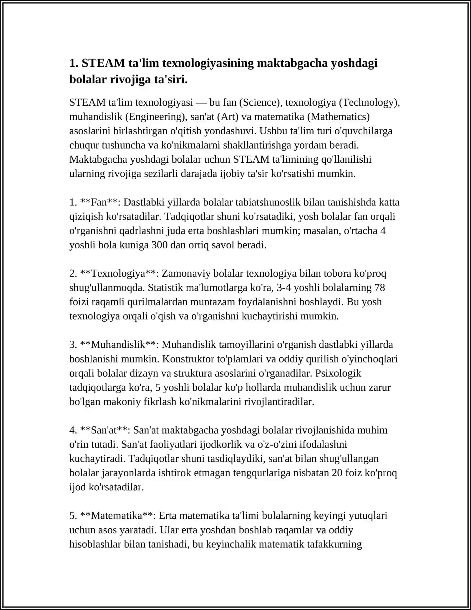 ILK QADAM DAVLAT DASTURI BOʻYICHA MAKTABGACHA YOSHDAGI BOLALARDA STEAM TALIM TEXNALOGIYASI ASOSIDA TALIM TARBIYA BERISH MASALALARI 3