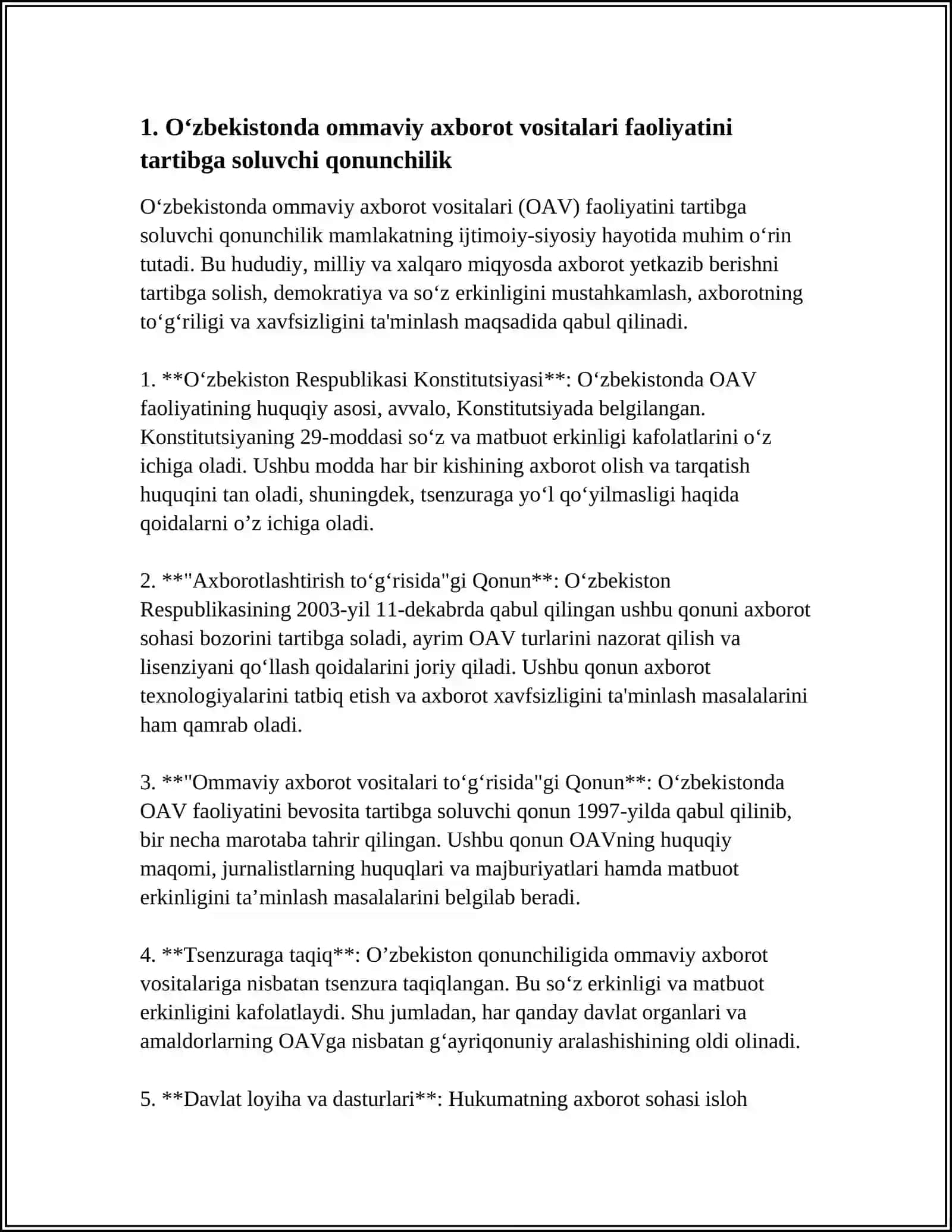 O‘zbekistonda ommaviy axborot vositalari faoliyatini tartibga soluvchi qonunchilik 3