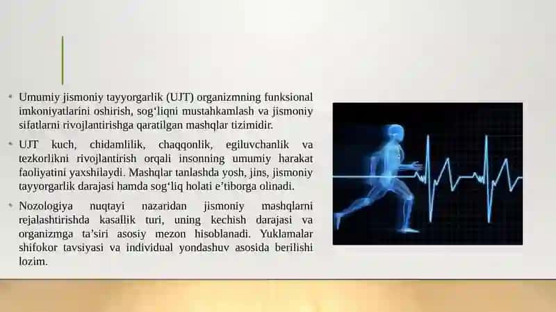 Umumiy jismoniy tayyorgarlik, nozologiya bo'yicha oyoq, qo'l va tana mushaklariga yuklamalarni berish. 3