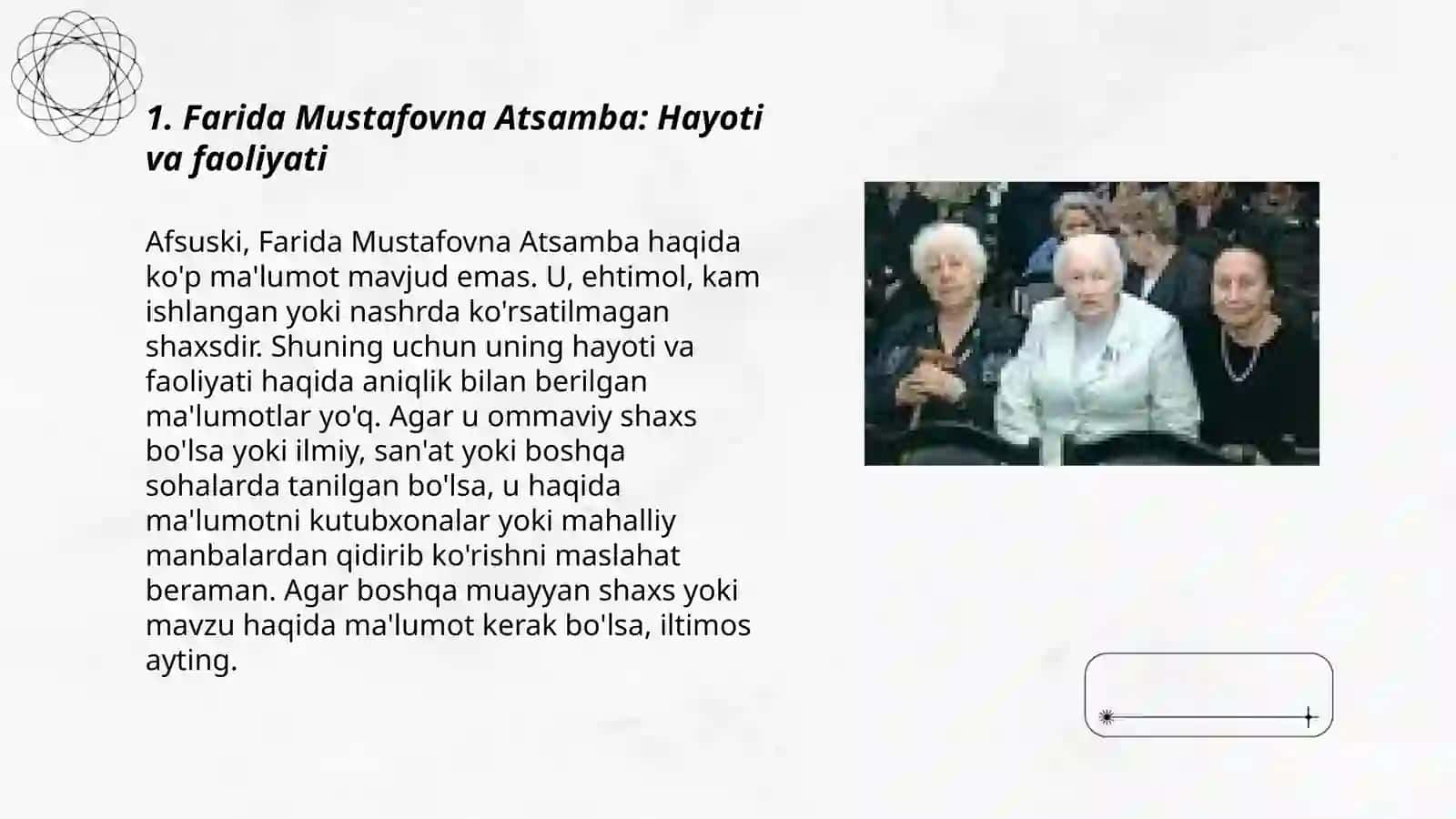 Farida Mustafovna Atsamba: Hayoti va faoliyati 3