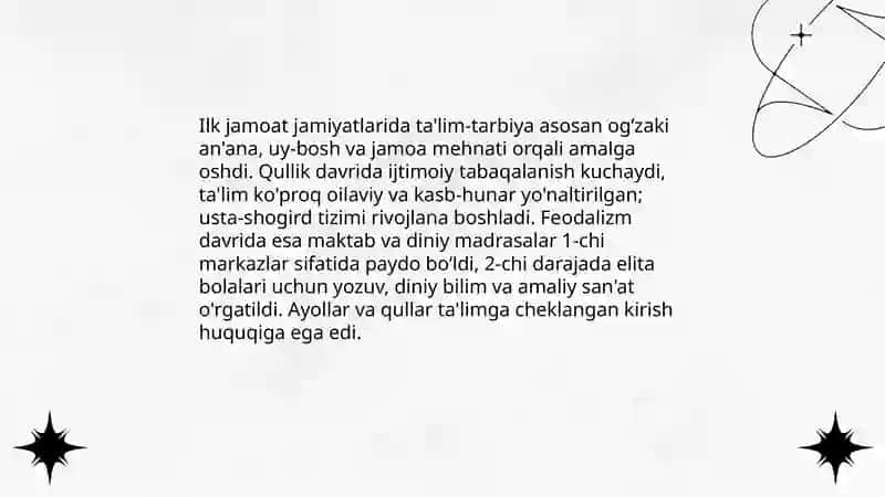 Ilk jamoat jamiyatlaridan qullik va feodalizmga qadar ta’lim va tarbiya tizimlari 3